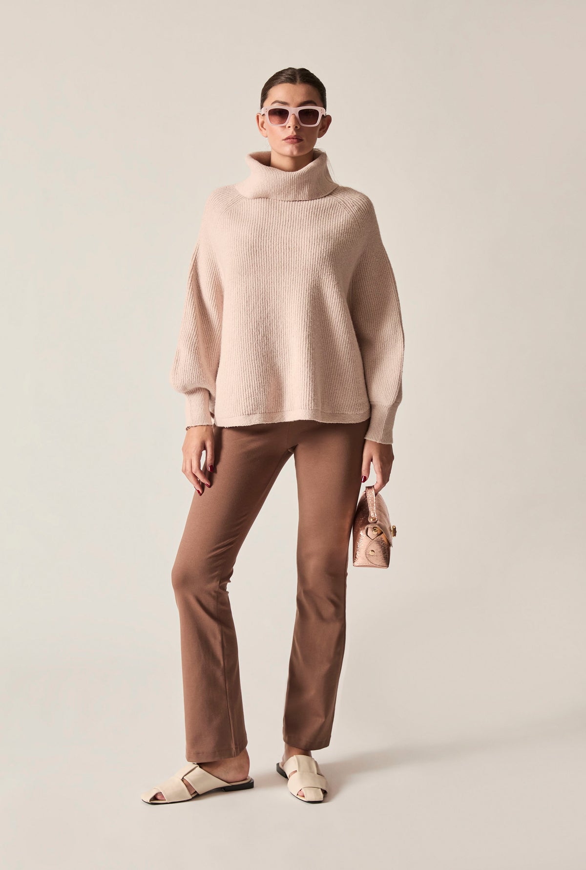 Pale Pink Balloon Sleeve Roll Neck Jumper