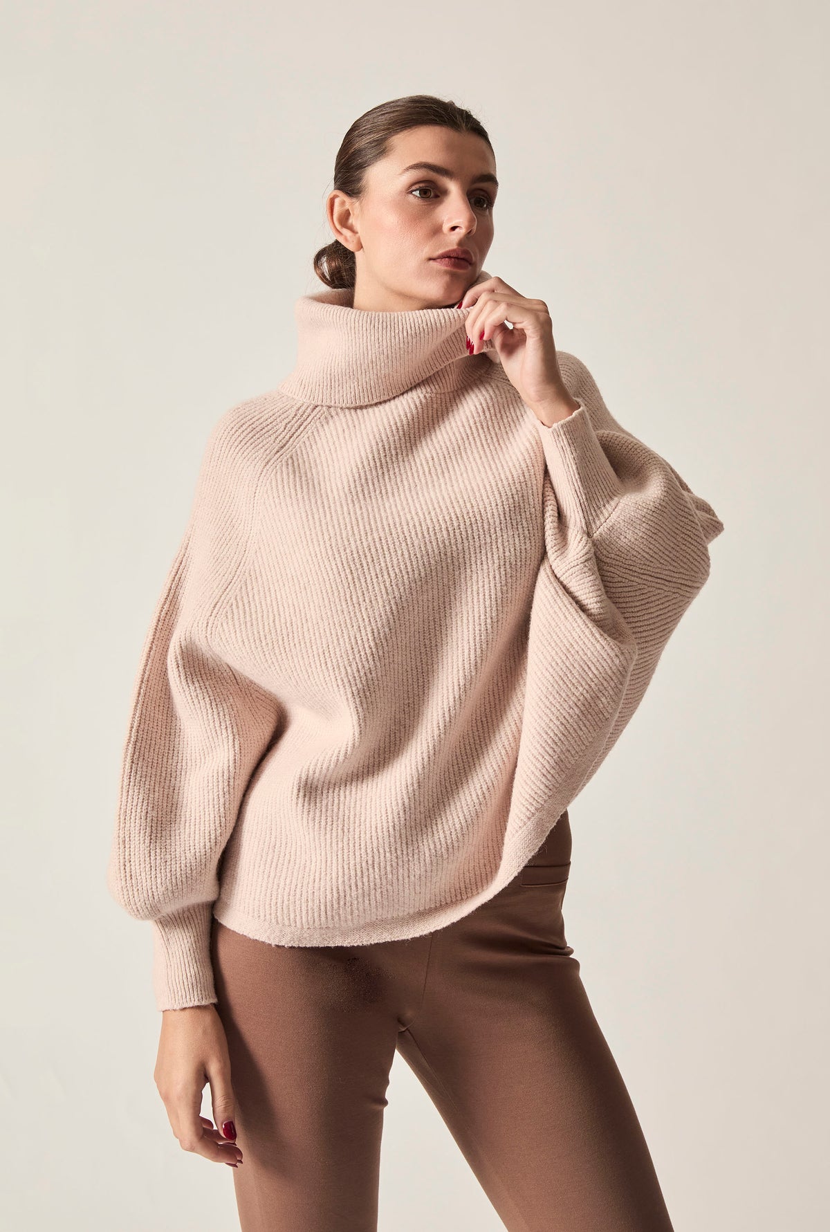 Pale Pink Balloon Sleeve Roll Neck Jumper