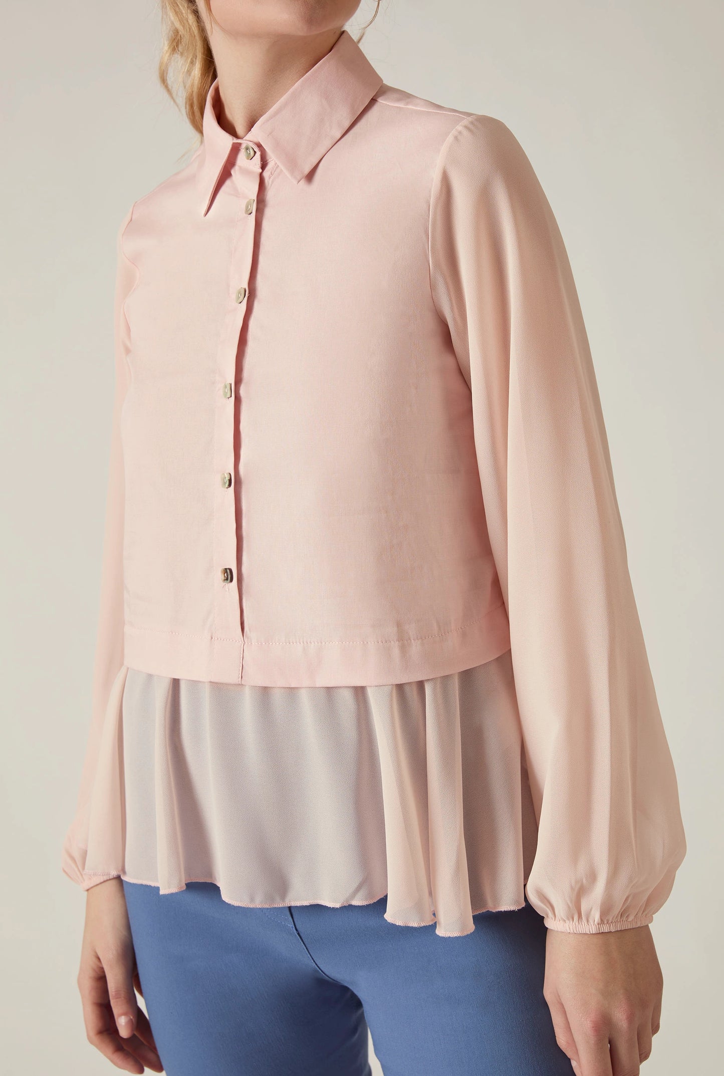 Pale Pink Contrast Hem Blouse