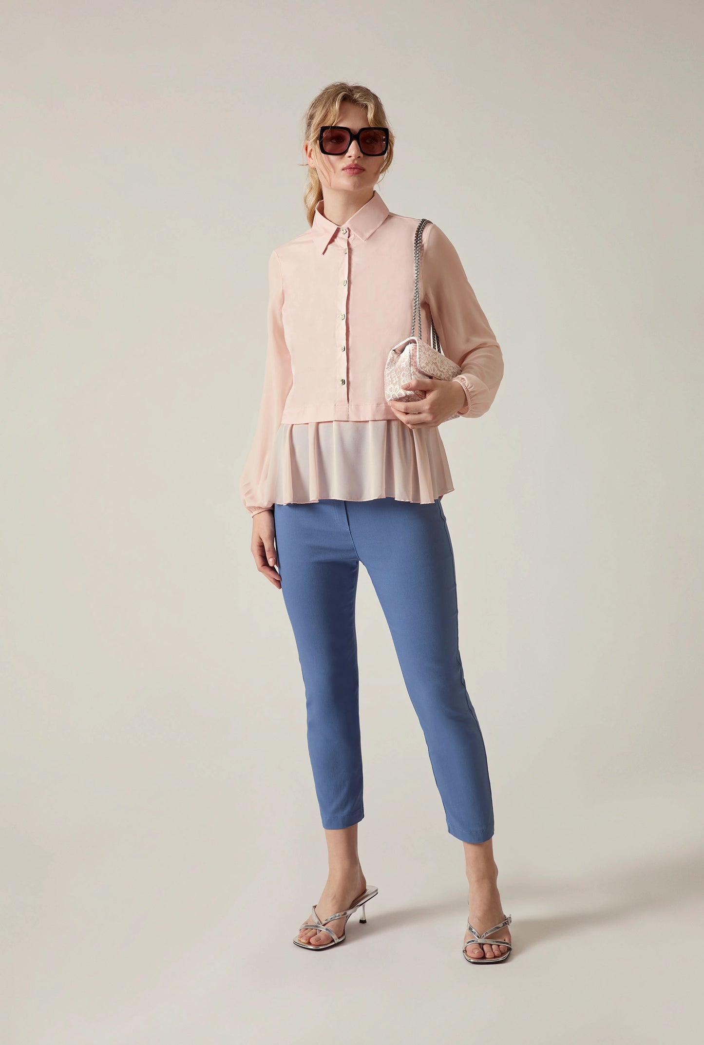 Pale Pink Contrast Hem Blouse