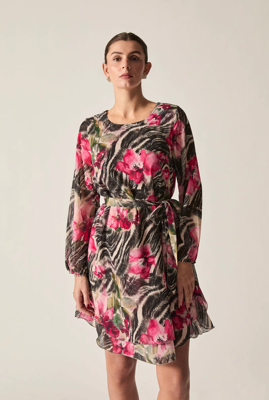 Pink Floral Print Belted Dress