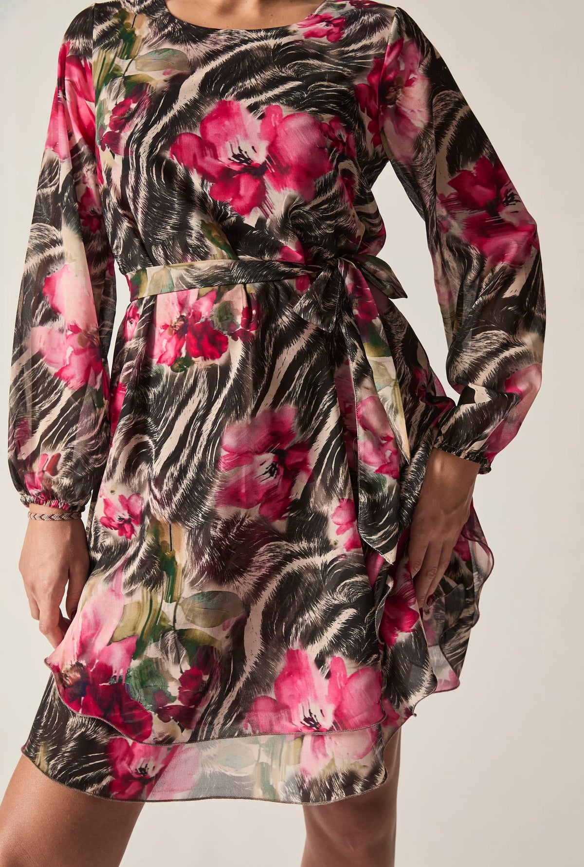 Pink Floral Print Belted Dress