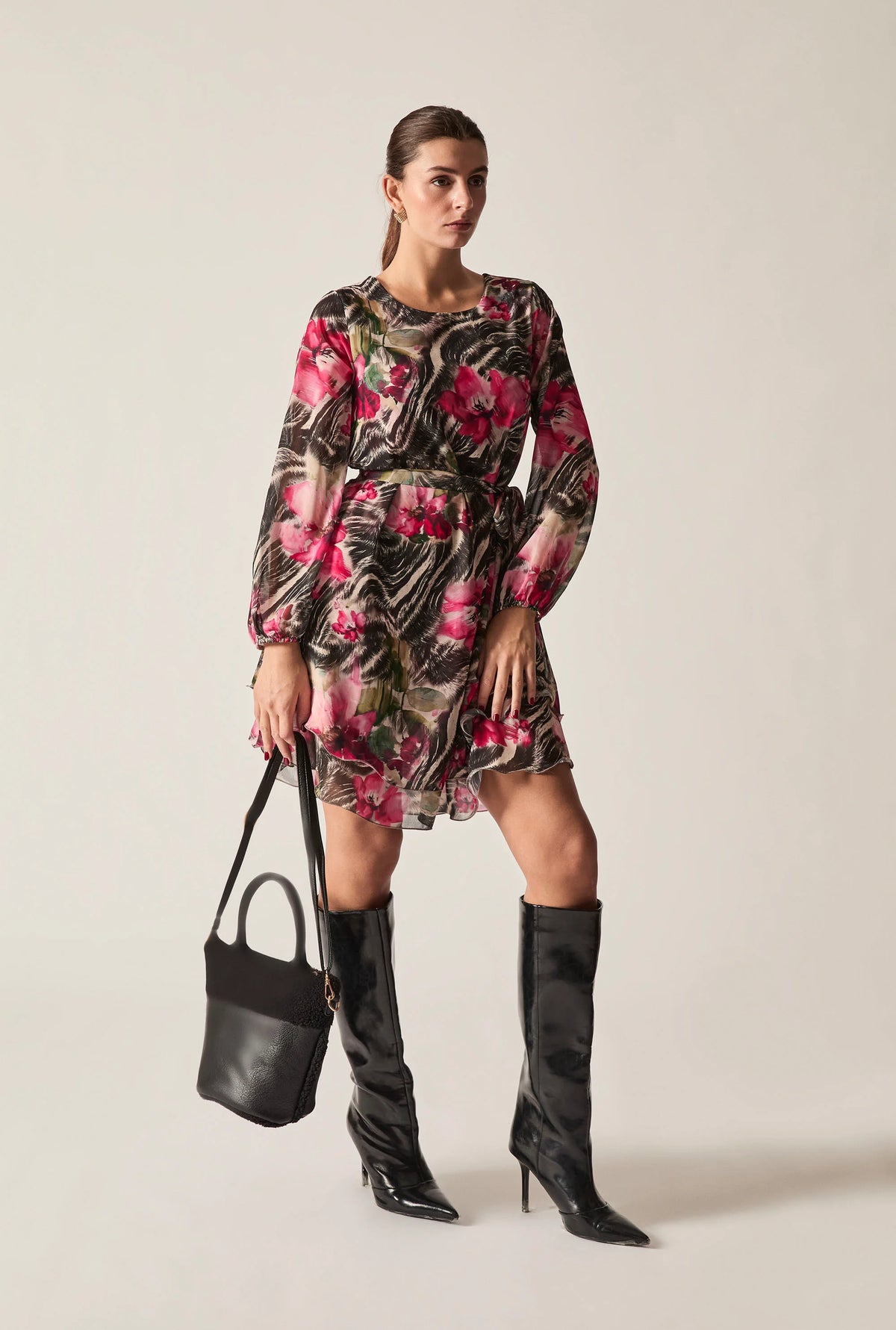 Pink Floral Print Belted Dress