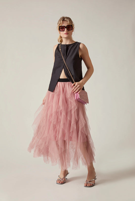 Pink Tulle Ruffle Midi Skirt