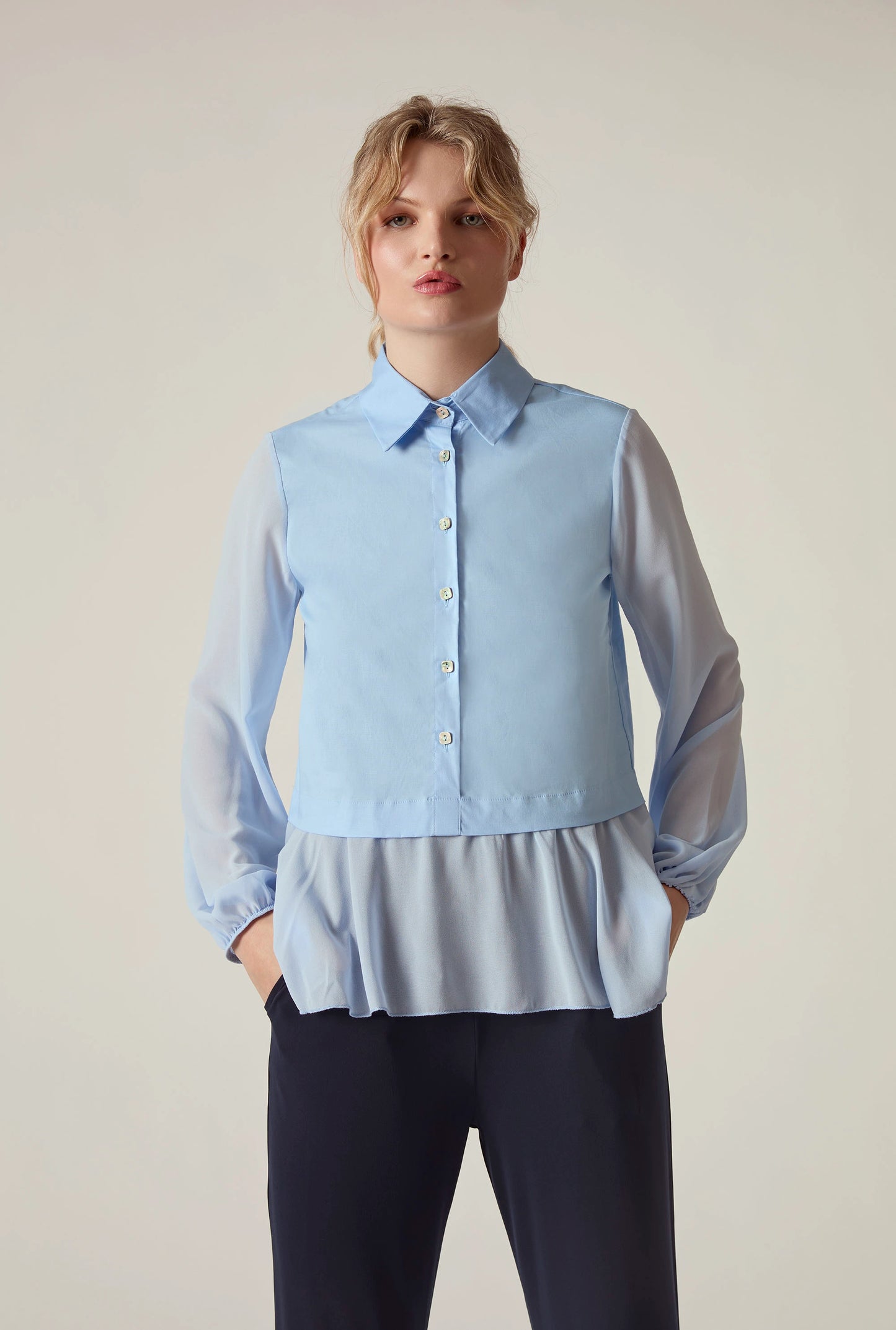 Powder Blue Contrast Hem Blouse
