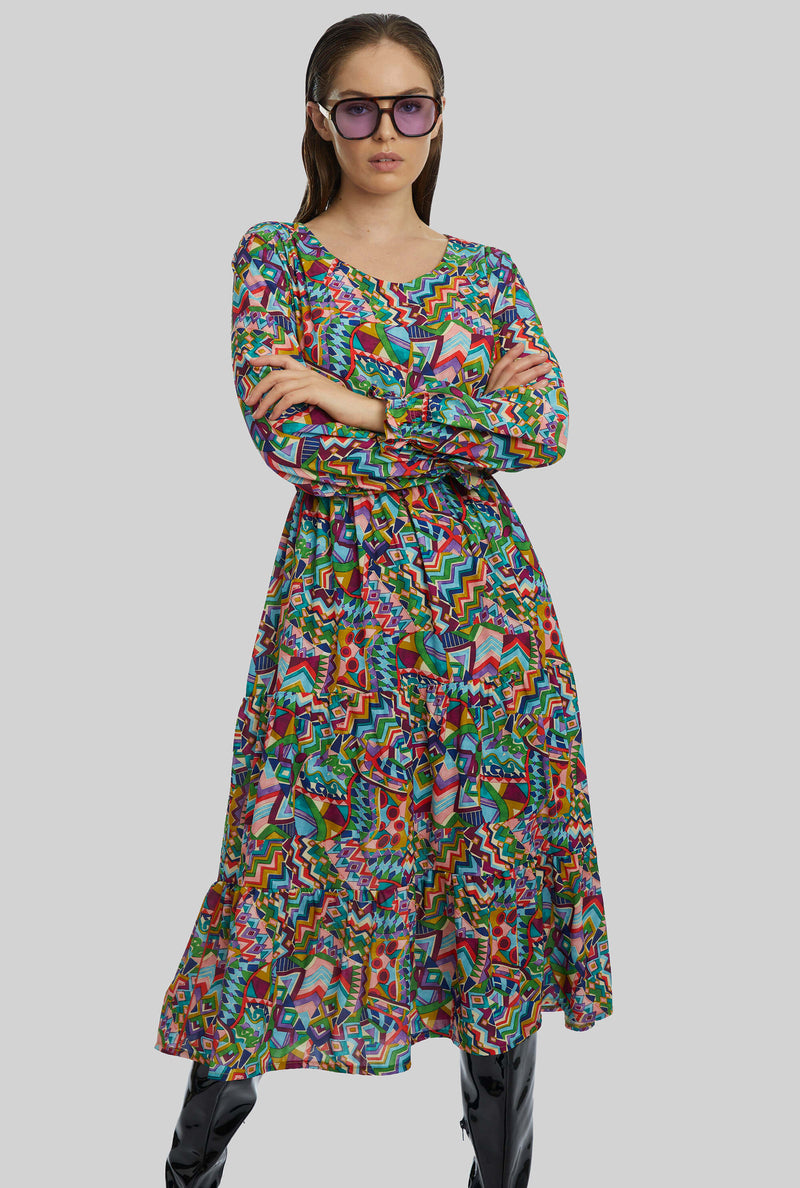 Printed Round Neck Tiered Midi Dress