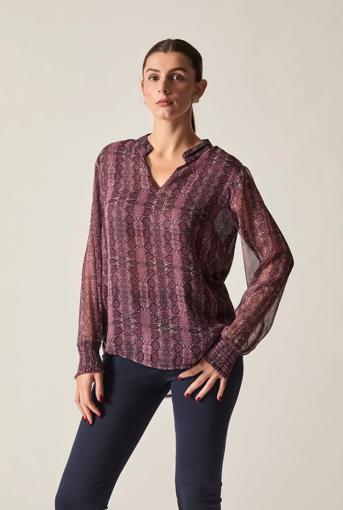 Purple Snake Print Sheer-Sleeve Blouse