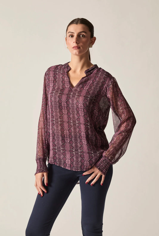 Purple Snake Print Sheer-Sleeve Blouse