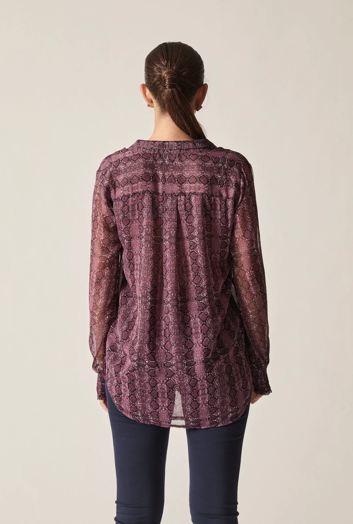 Purple Snake Print Sheer-Sleeve Blouse