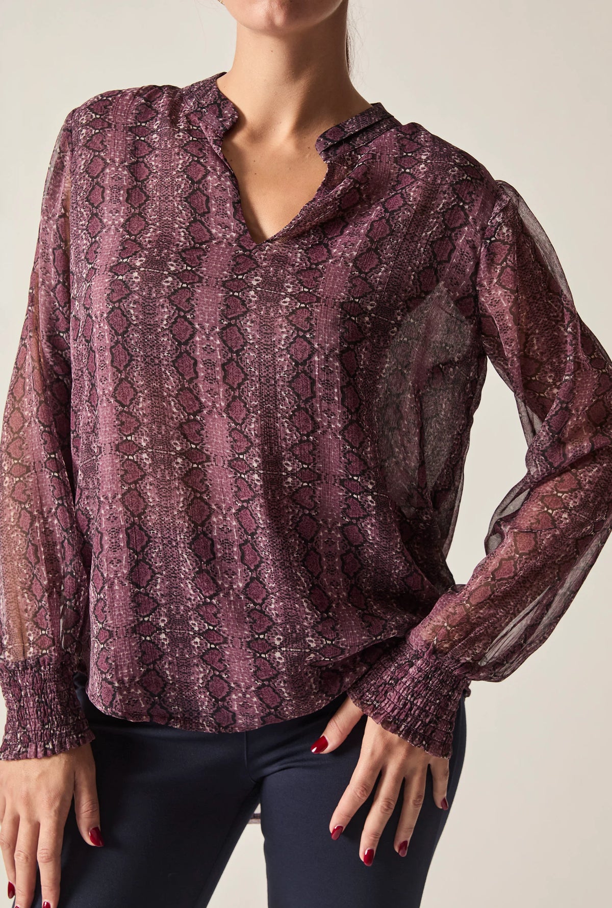 Purple Snake Print Sheer-Sleeve Blouse