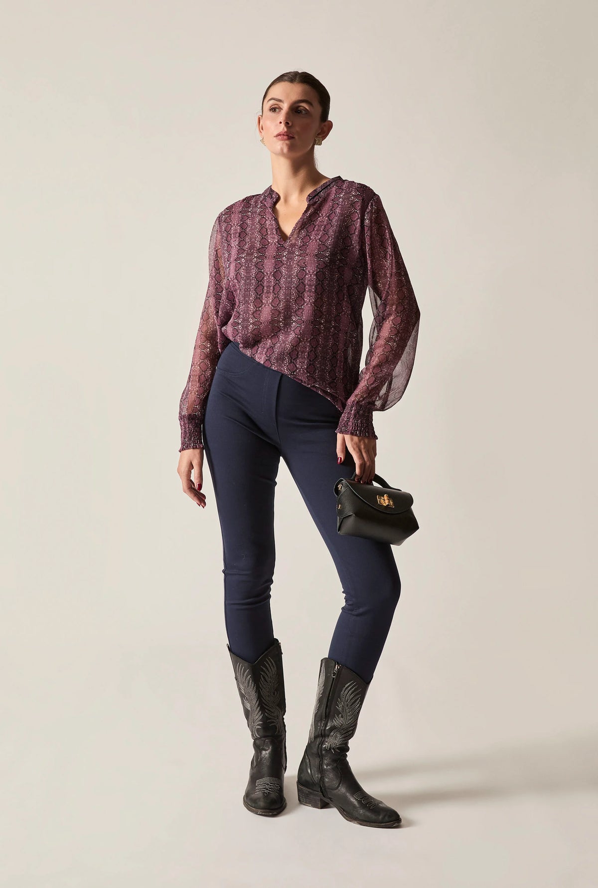 Purple Snake Print Sheer-Sleeve Blouse