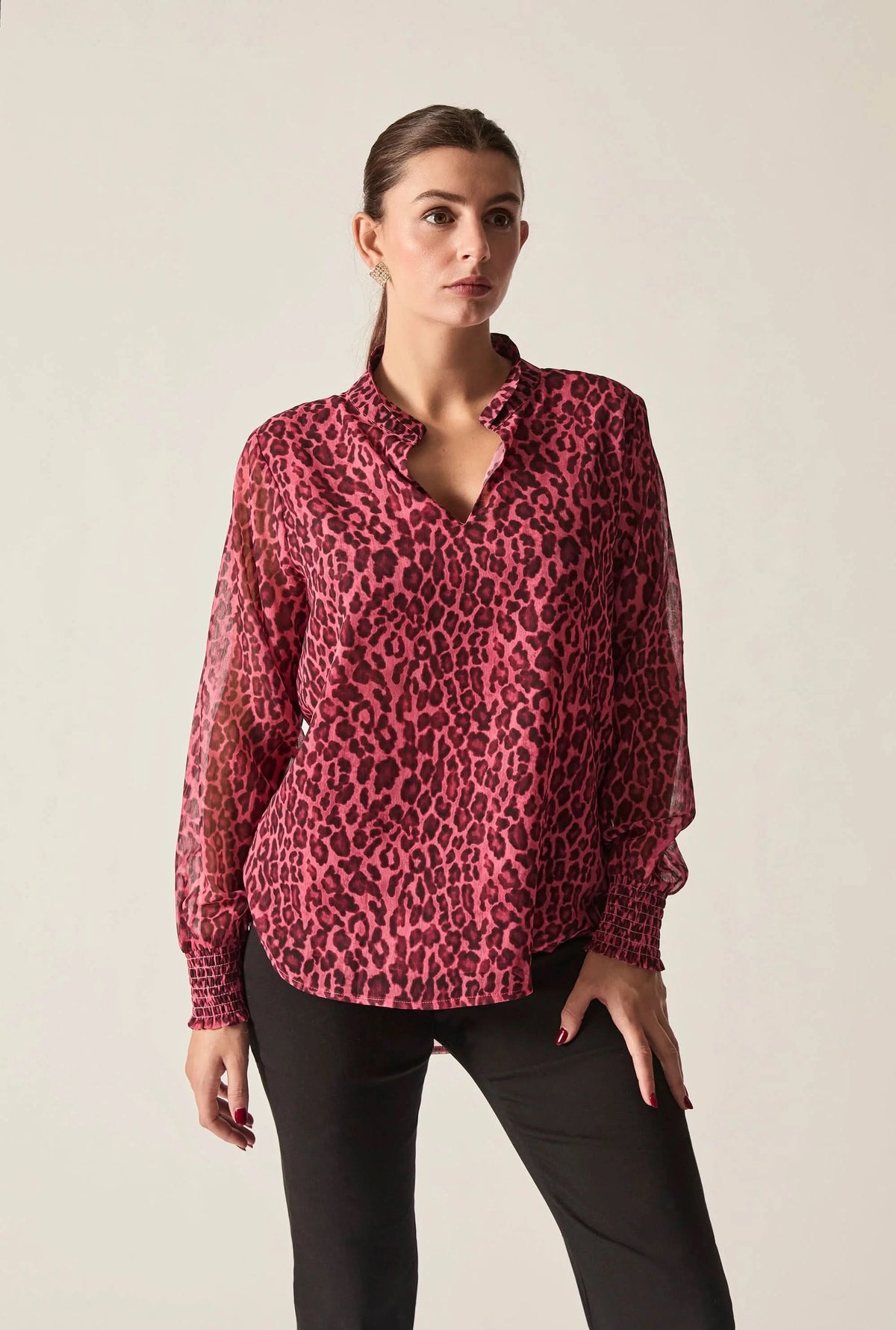 Raspberry Leopard-Print Sheer-Sleeve Blouse