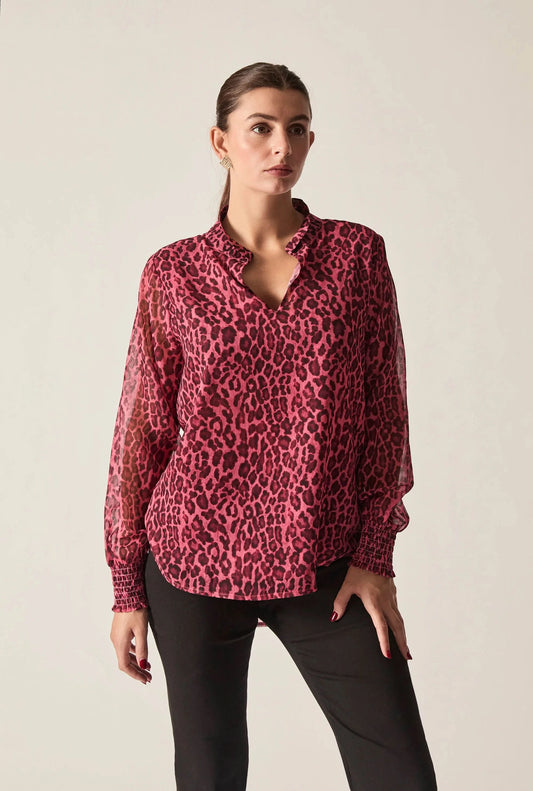 Raspberry Leopard-Print Sheer-Sleeve Blouse