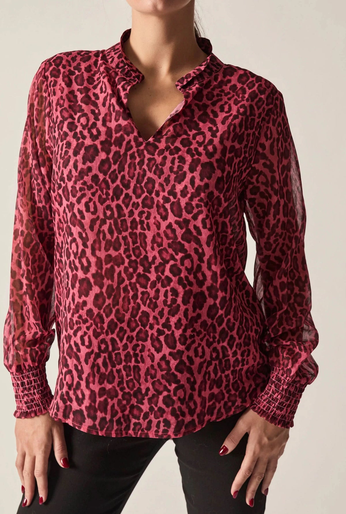 Raspberry Leopard-Print Sheer-Sleeve Blouse