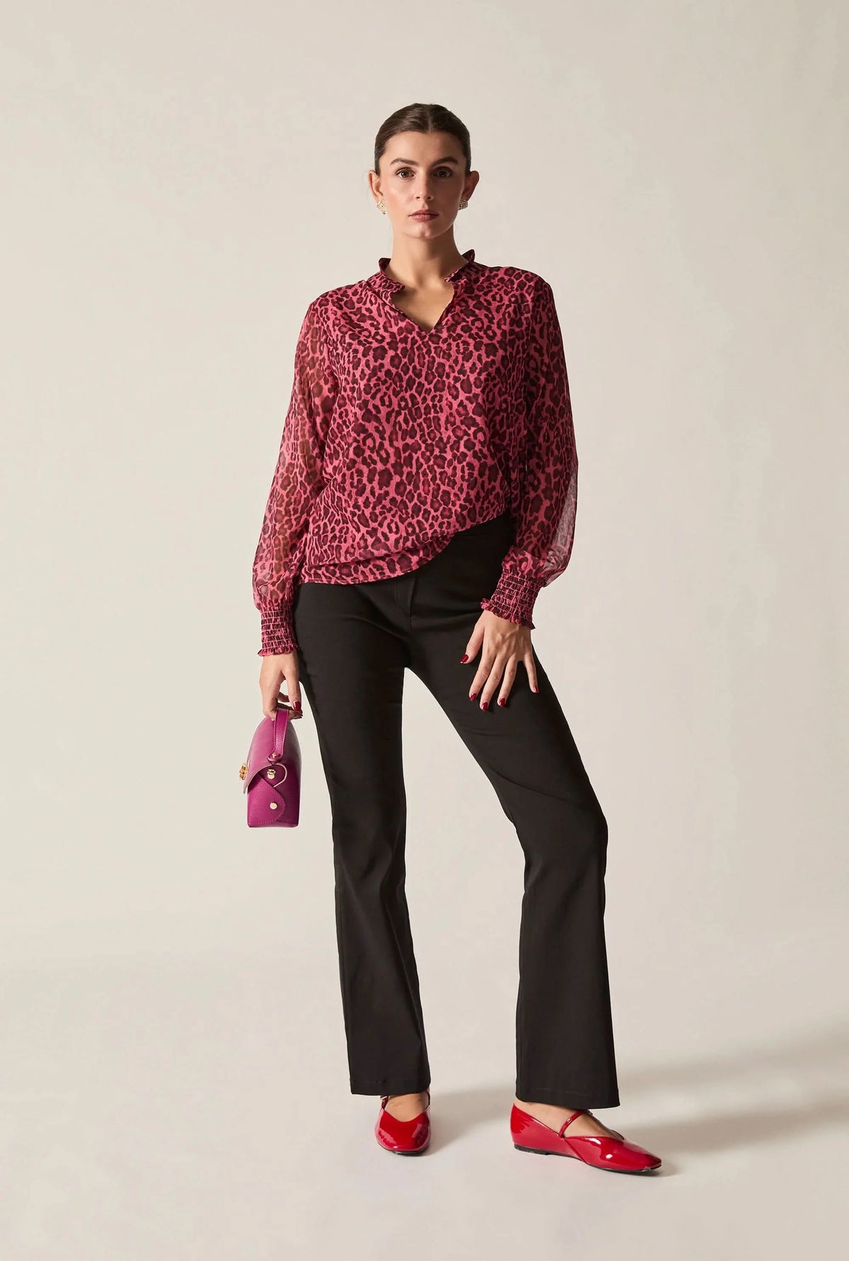 Raspberry Leopard-Print Sheer-Sleeve Blouse