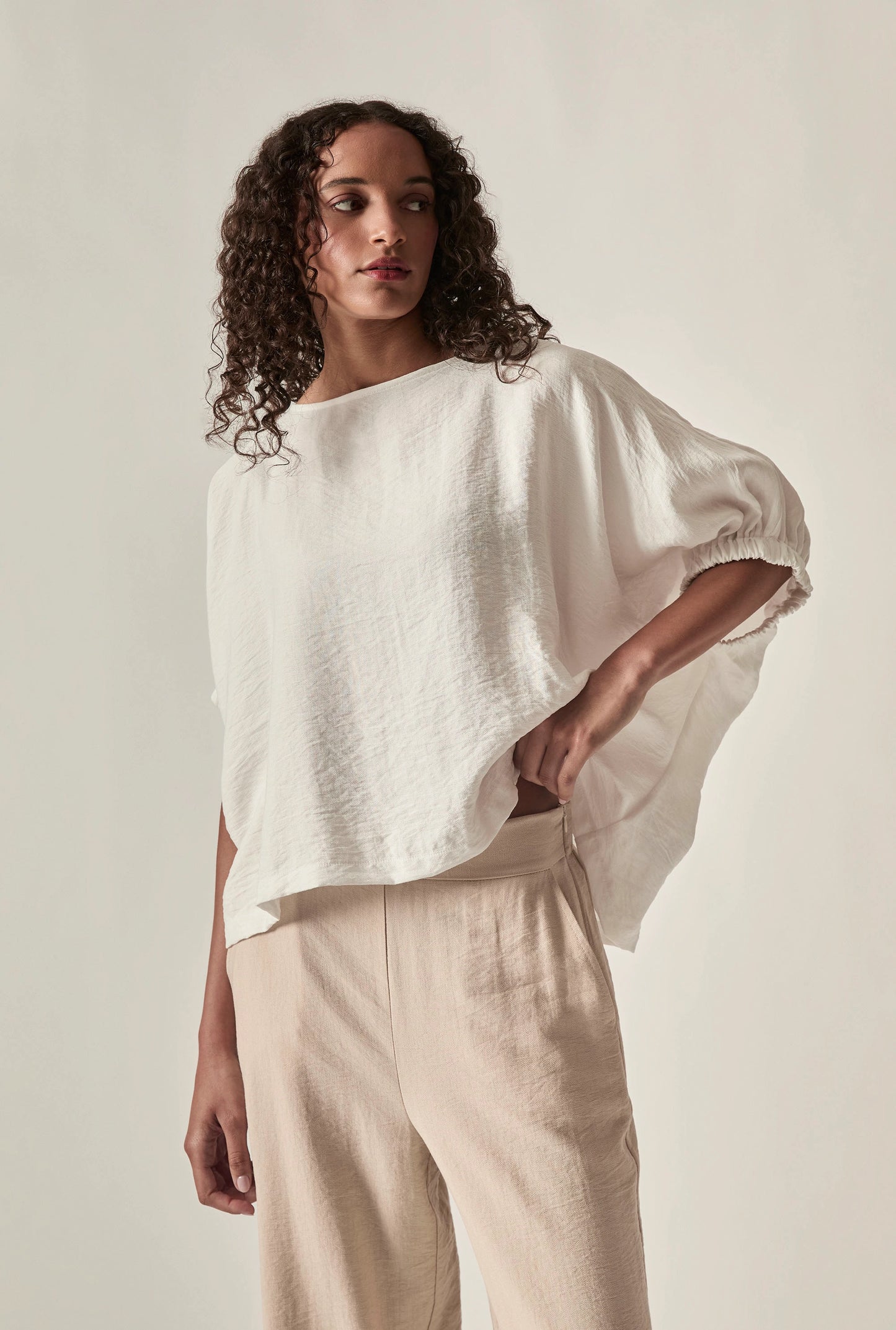 Relaxed Gathered Sleeve Top – Cream