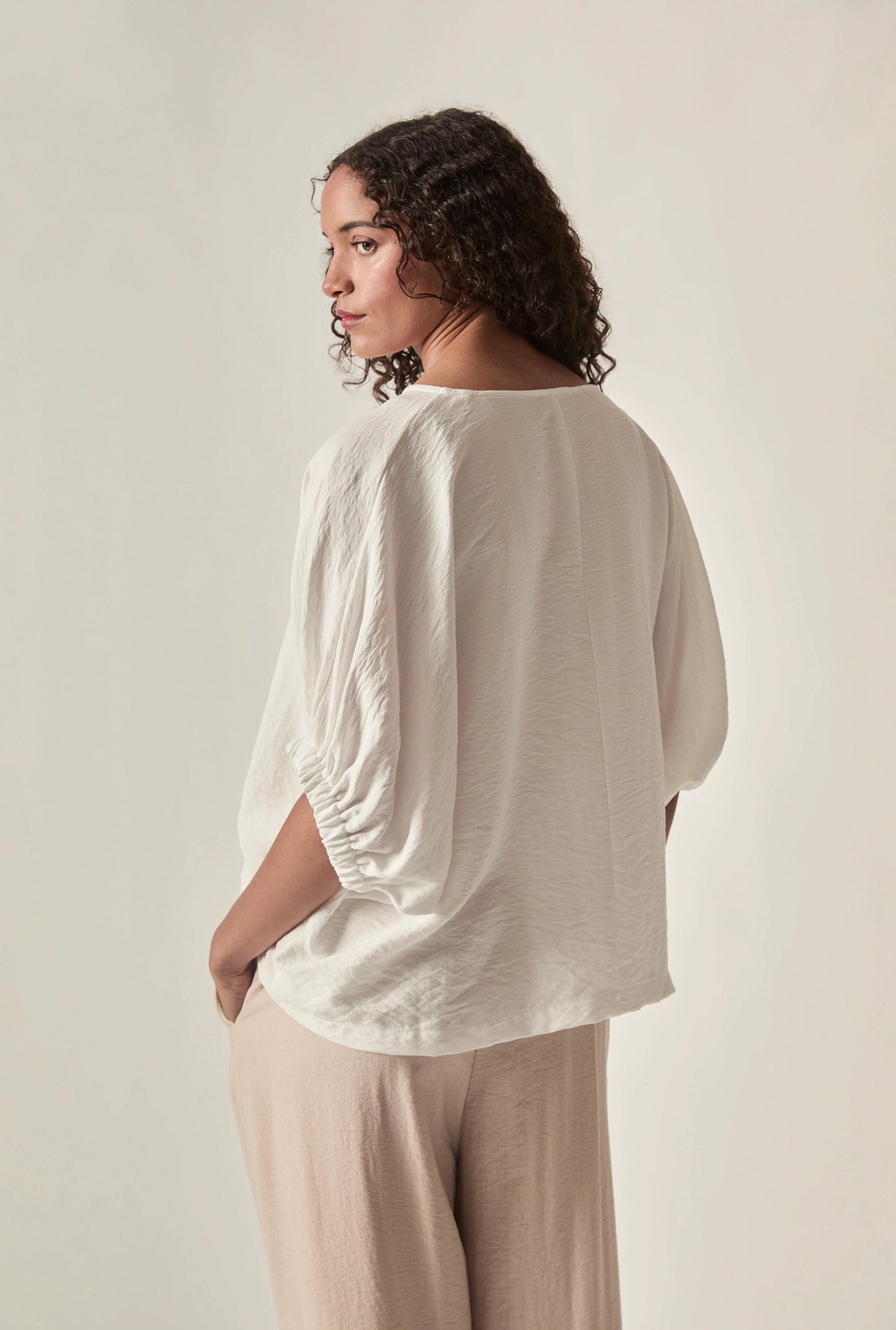 Relaxed Gathered Sleeve Top – Cream