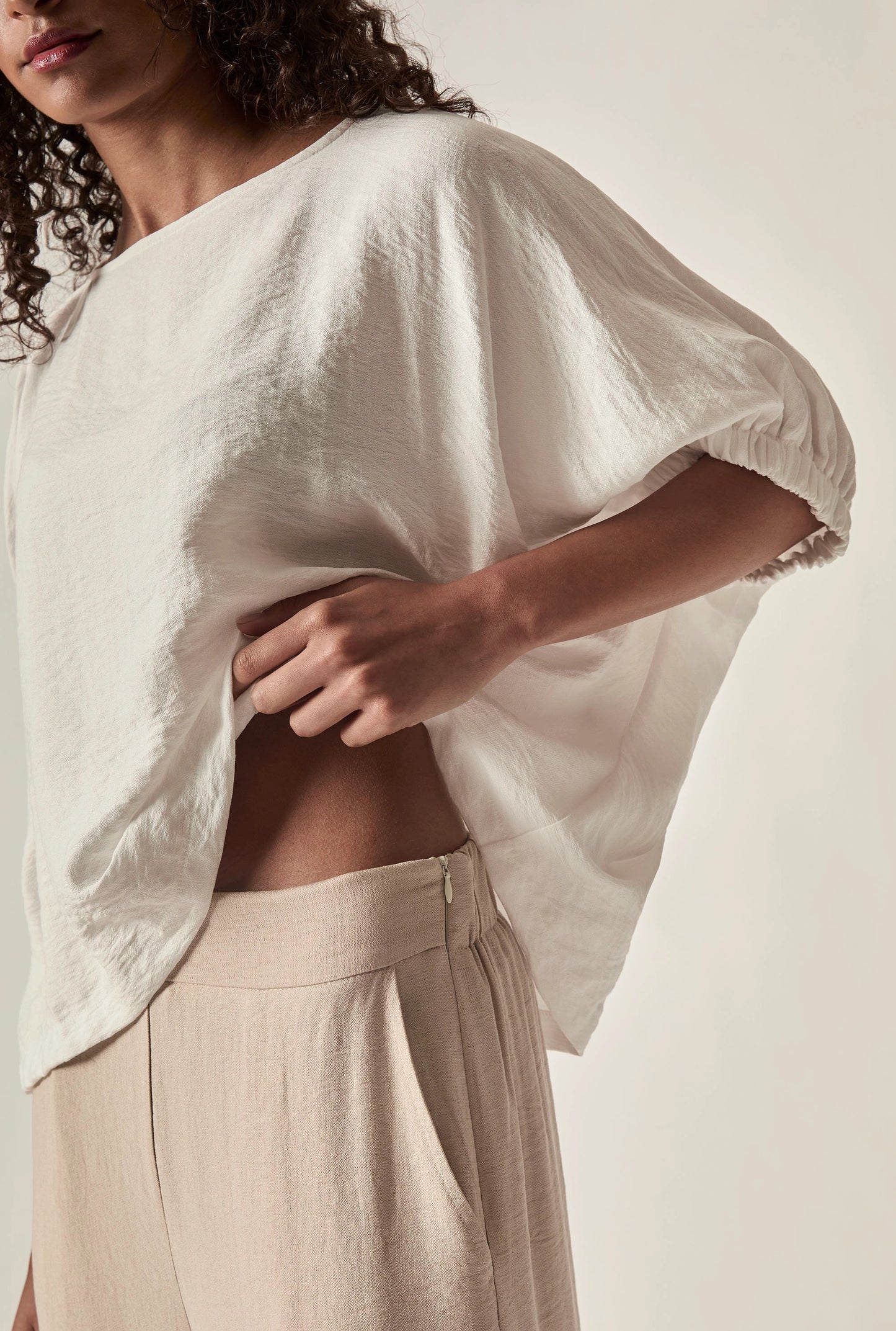 Relaxed Gathered Sleeve Top – Cream
