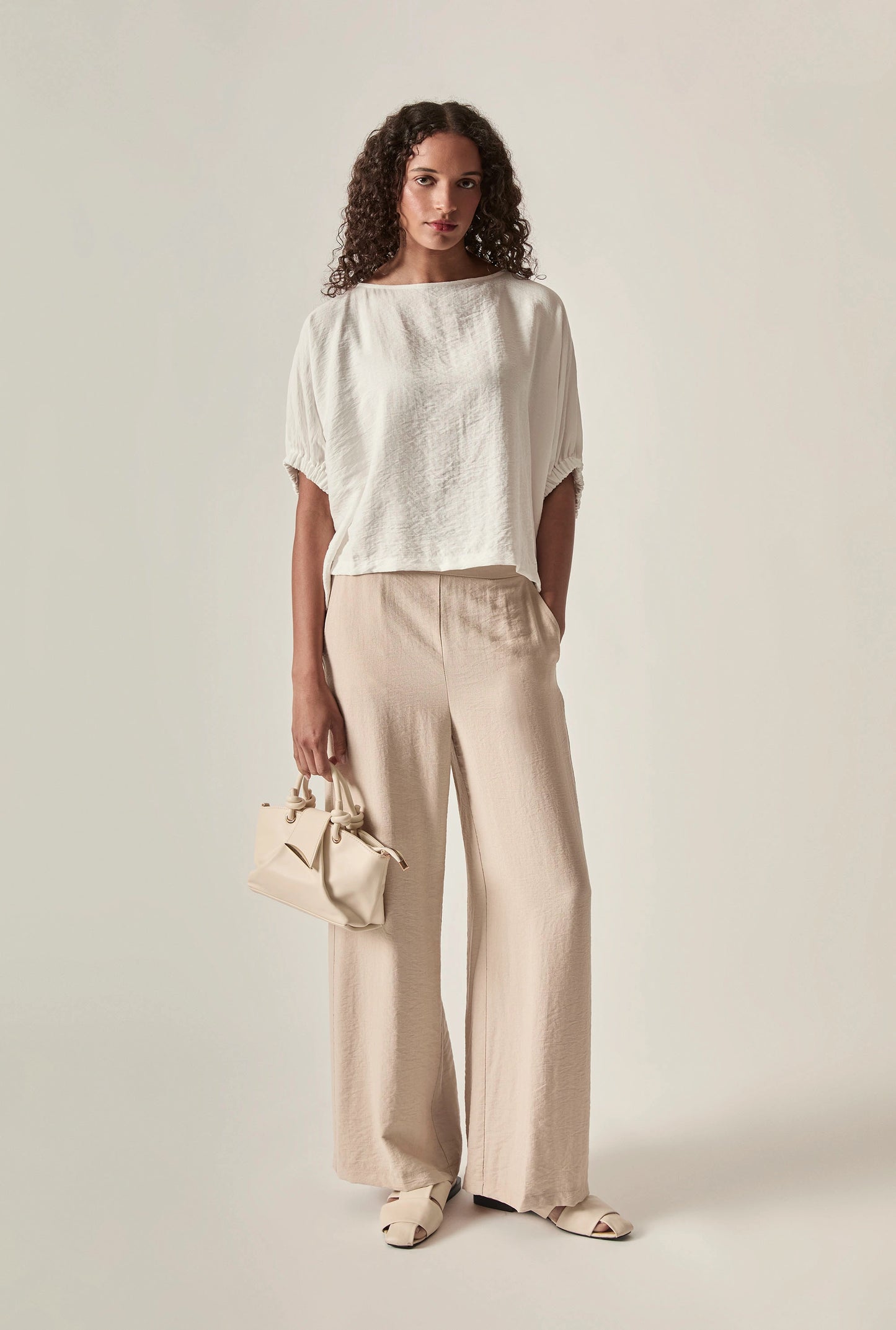 Relaxed Gathered Sleeve Top – Cream