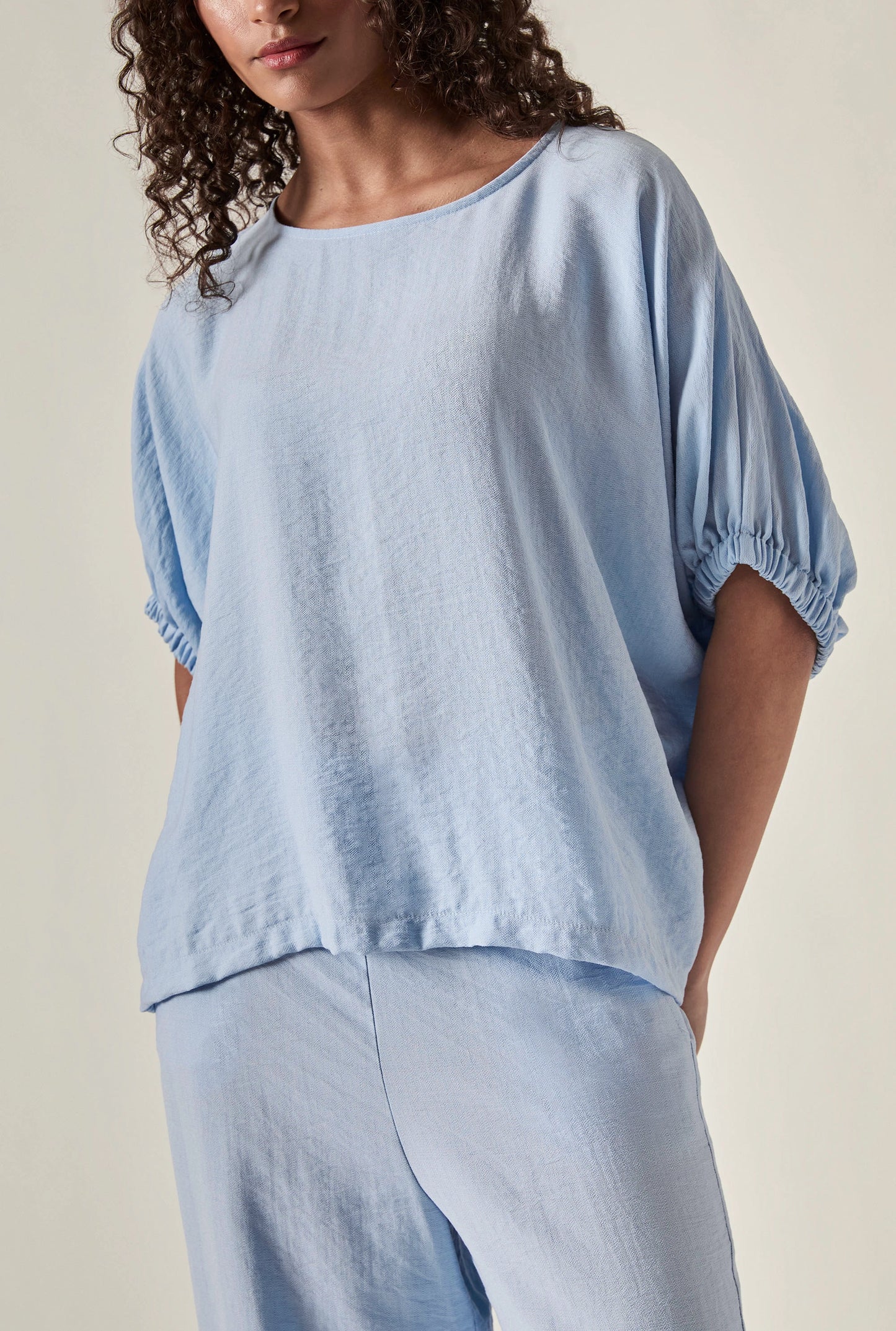 Relaxed Gathered Sleeve Top – Powder Blue