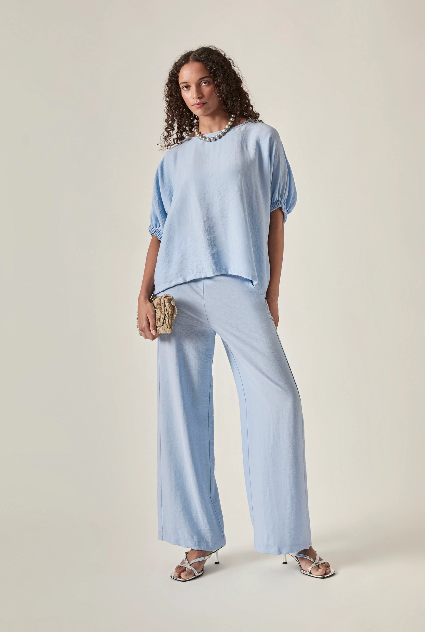 Relaxed Gathered Sleeve Top – Powder Blue
