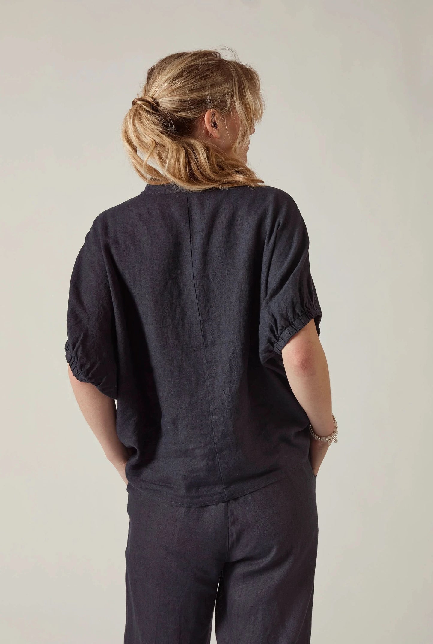 Back view of the Relaxed Navy Linen Blouse by James Lakeland with relaxed fit styling