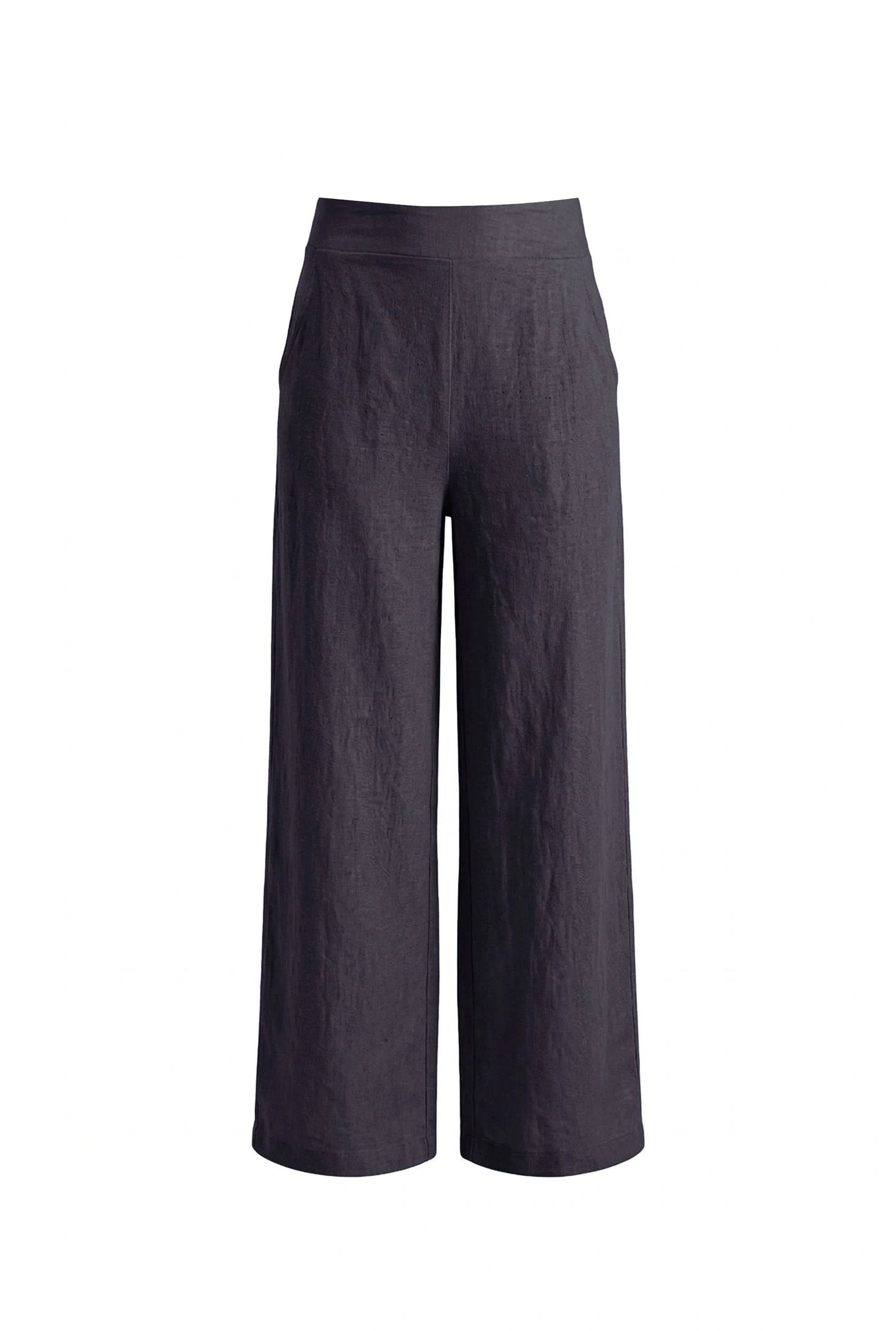 Invisible mannequin shot of the Relaxed Navy Linen Trousers by James Lakeland against a beige background