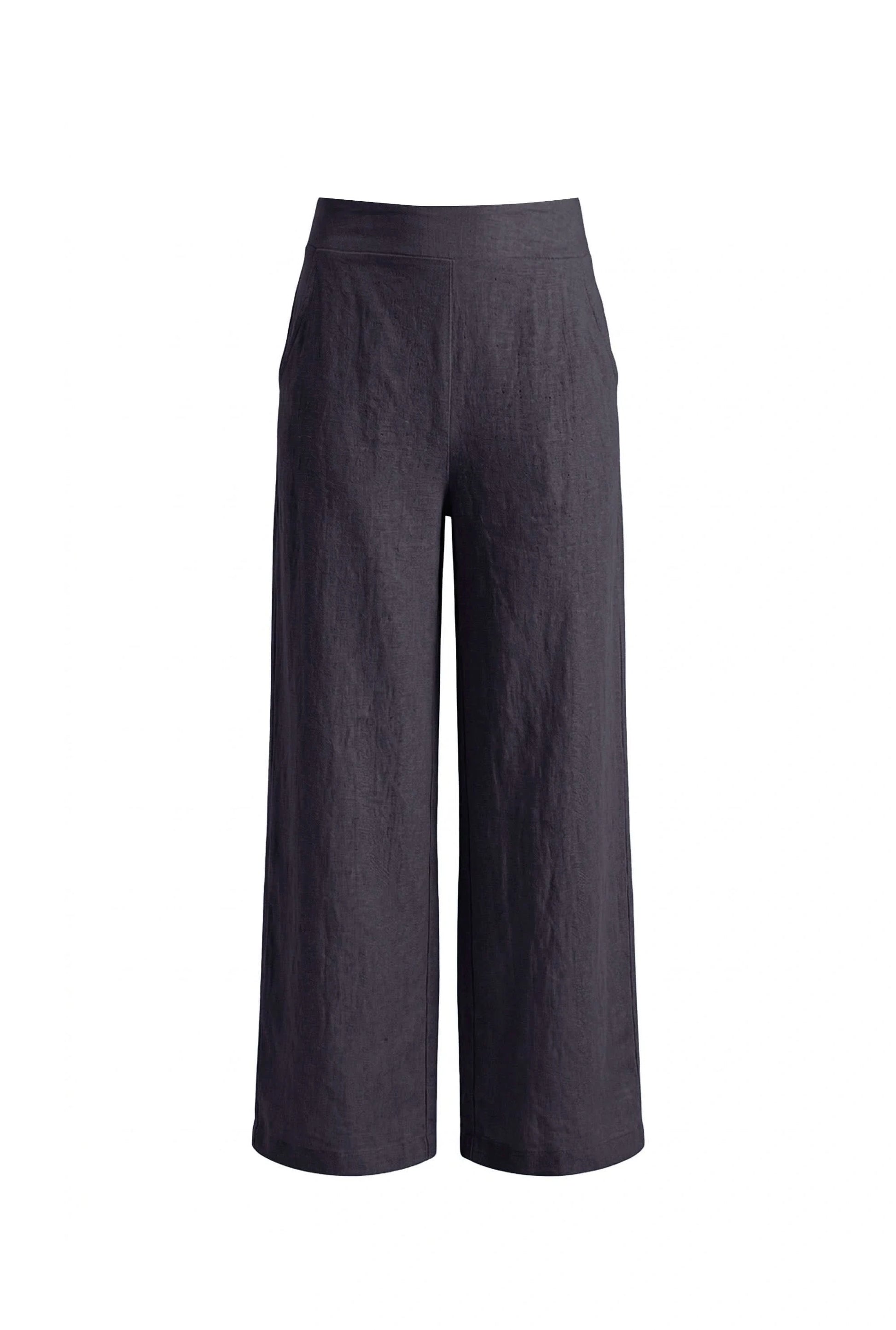 Invisible mannequin shot of the Relaxed Navy Linen Trousers by James Lakeland against a beige background
