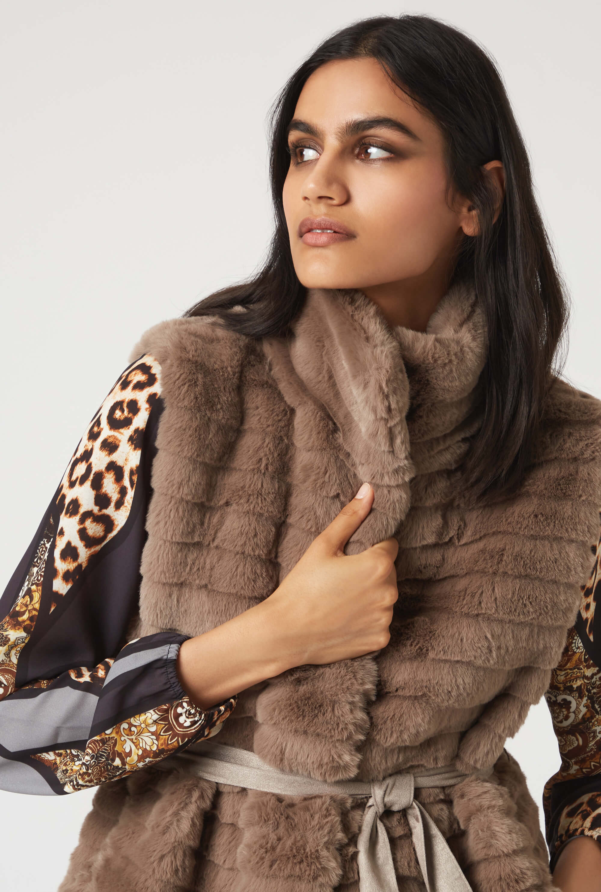 Ribbed Faux Fur Gilet with Belt Taupe James Lakeland