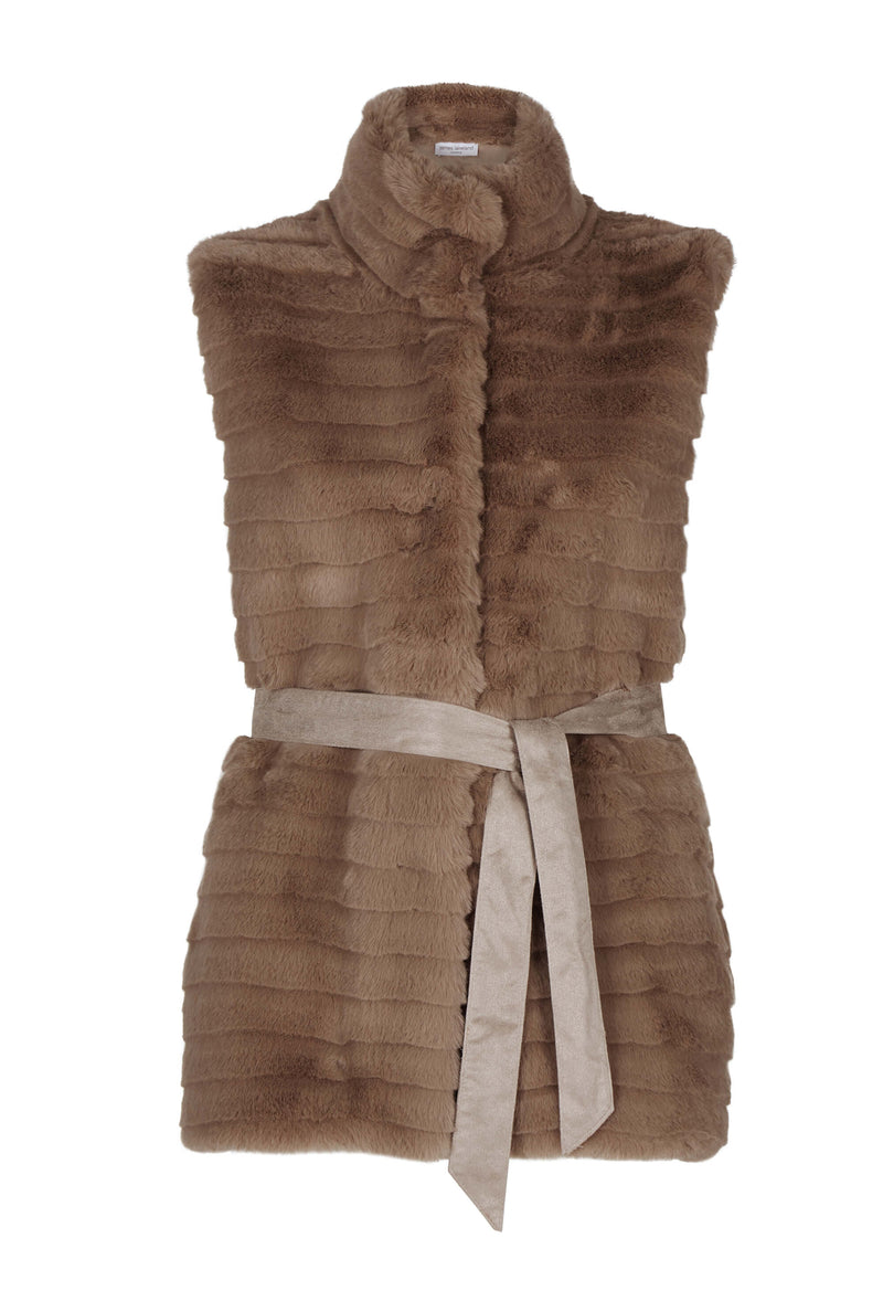 Ribbed Faux Fur Gilet with Belt Taupe