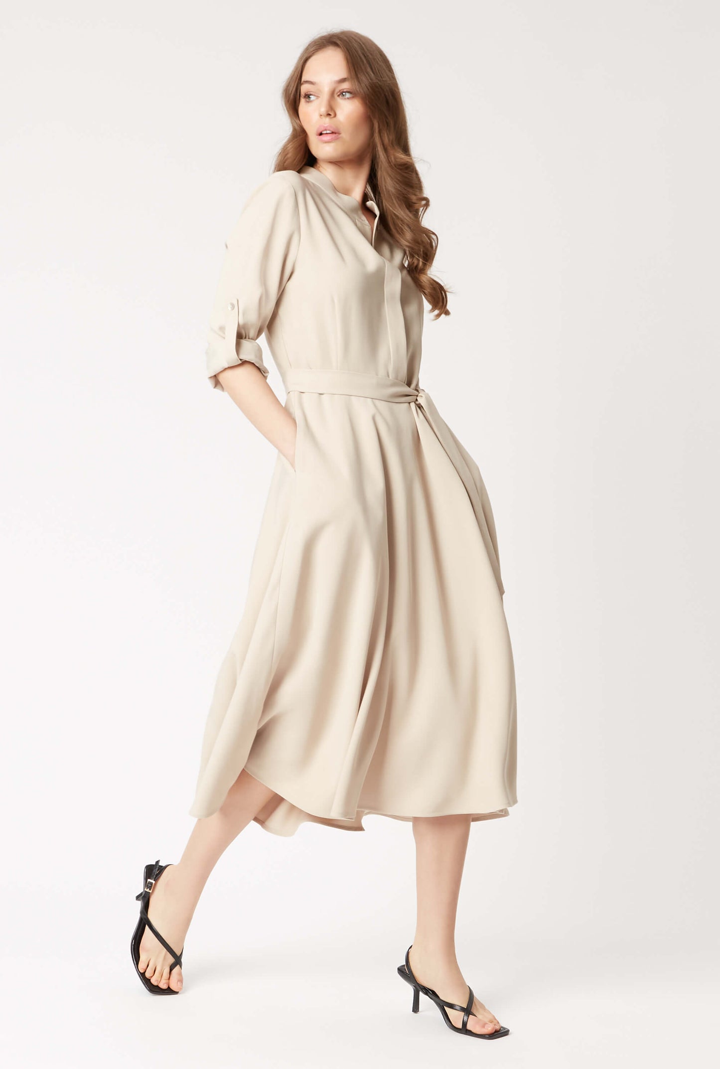 Roll Sleeve Midi Dress Beige