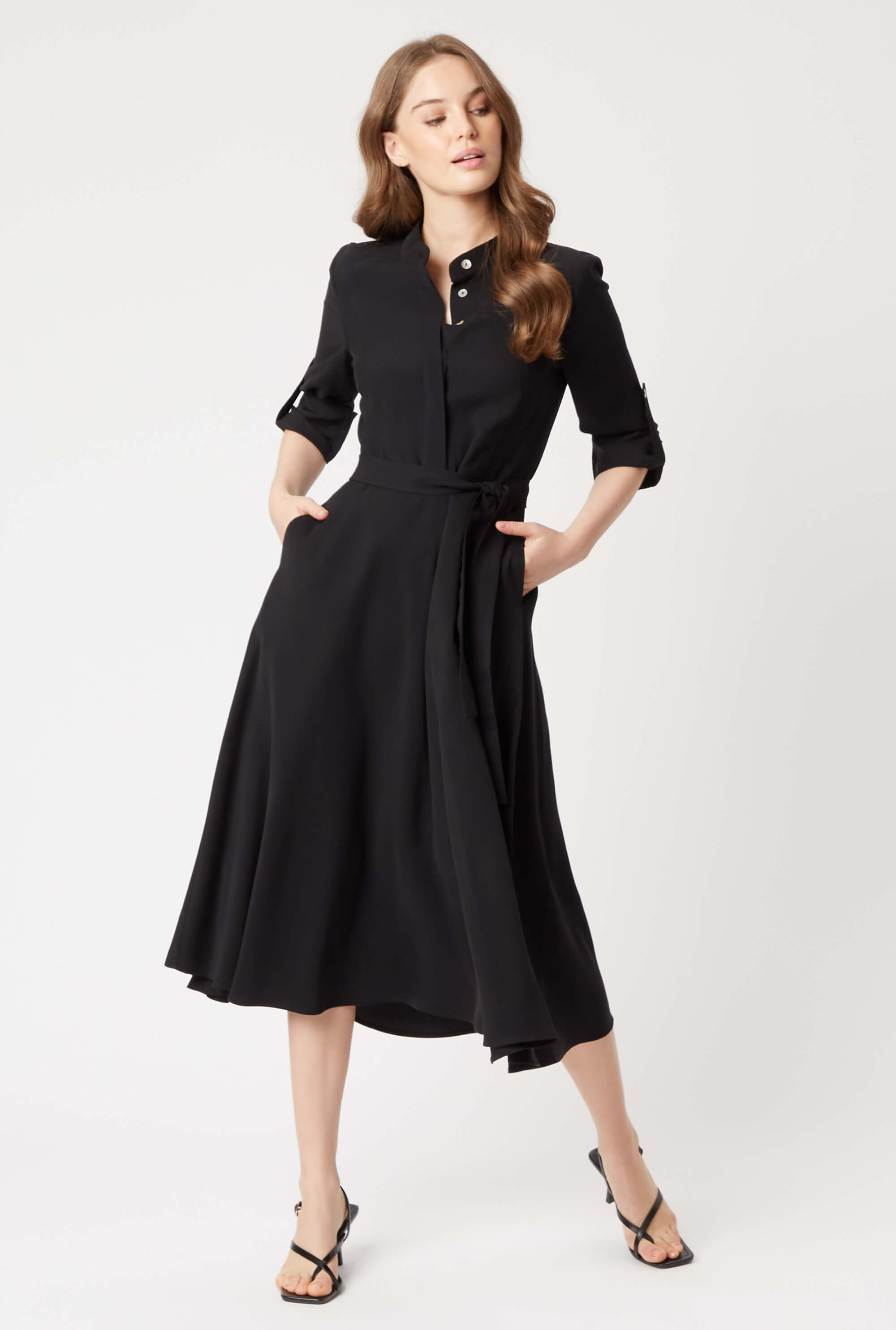 Roll Sleeve Midi Dress Black - Classic and Elegant Black Midi Dress ...