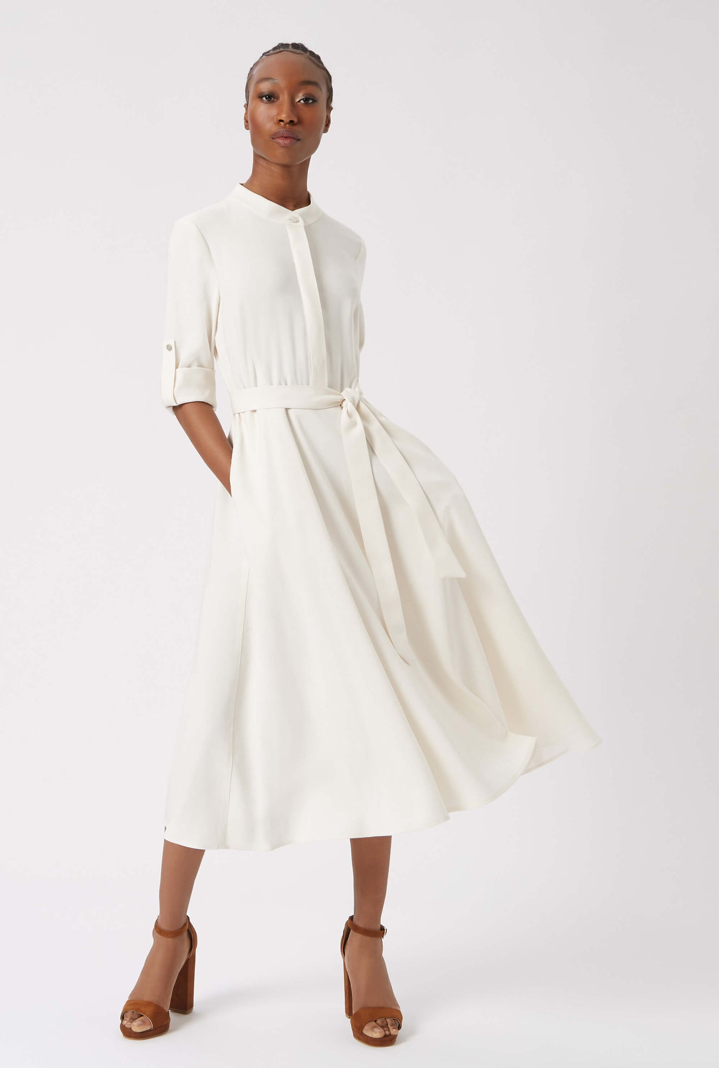 Roll Sleeve Midi Dress Cream