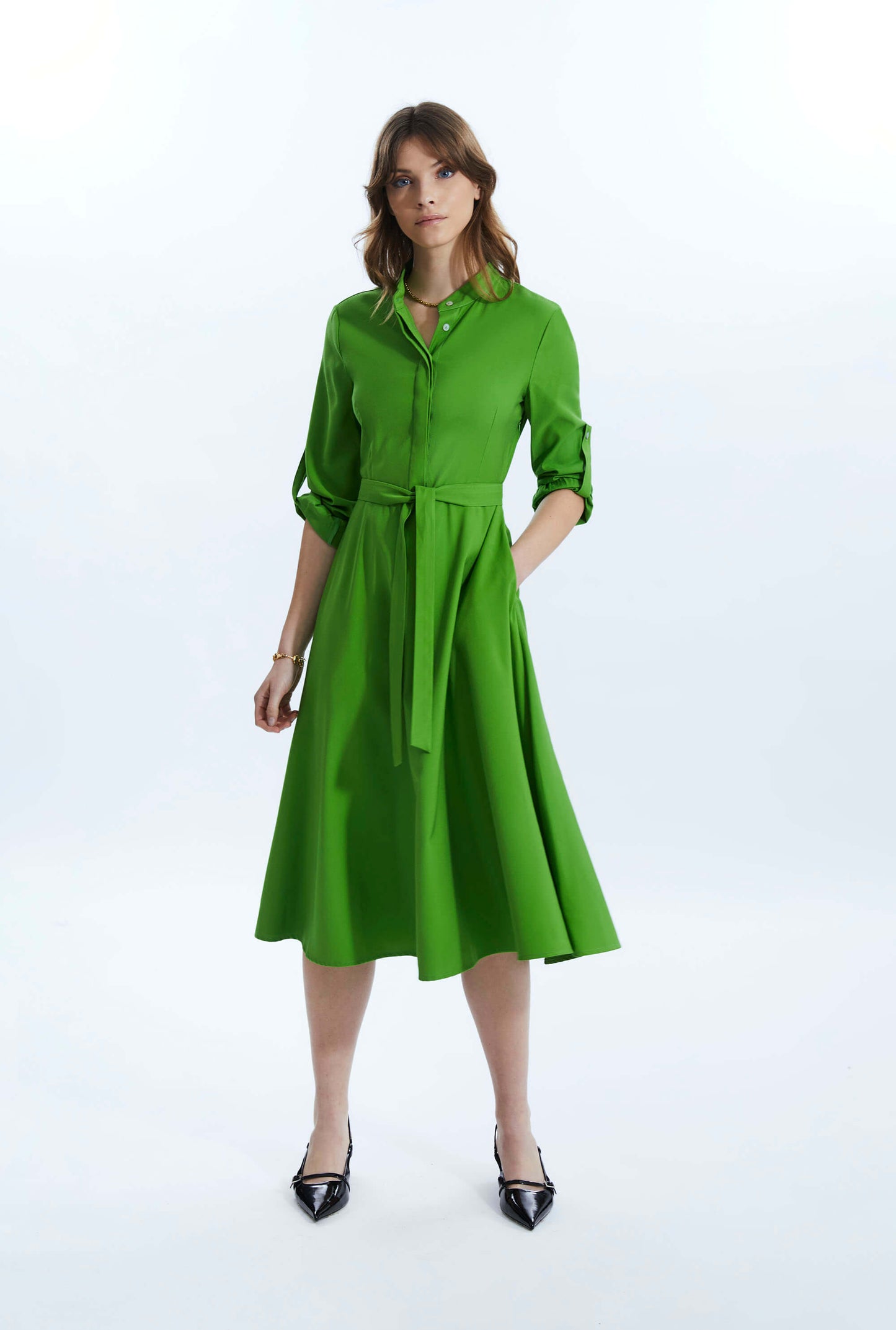 Roll Sleeve Midi Dress Green