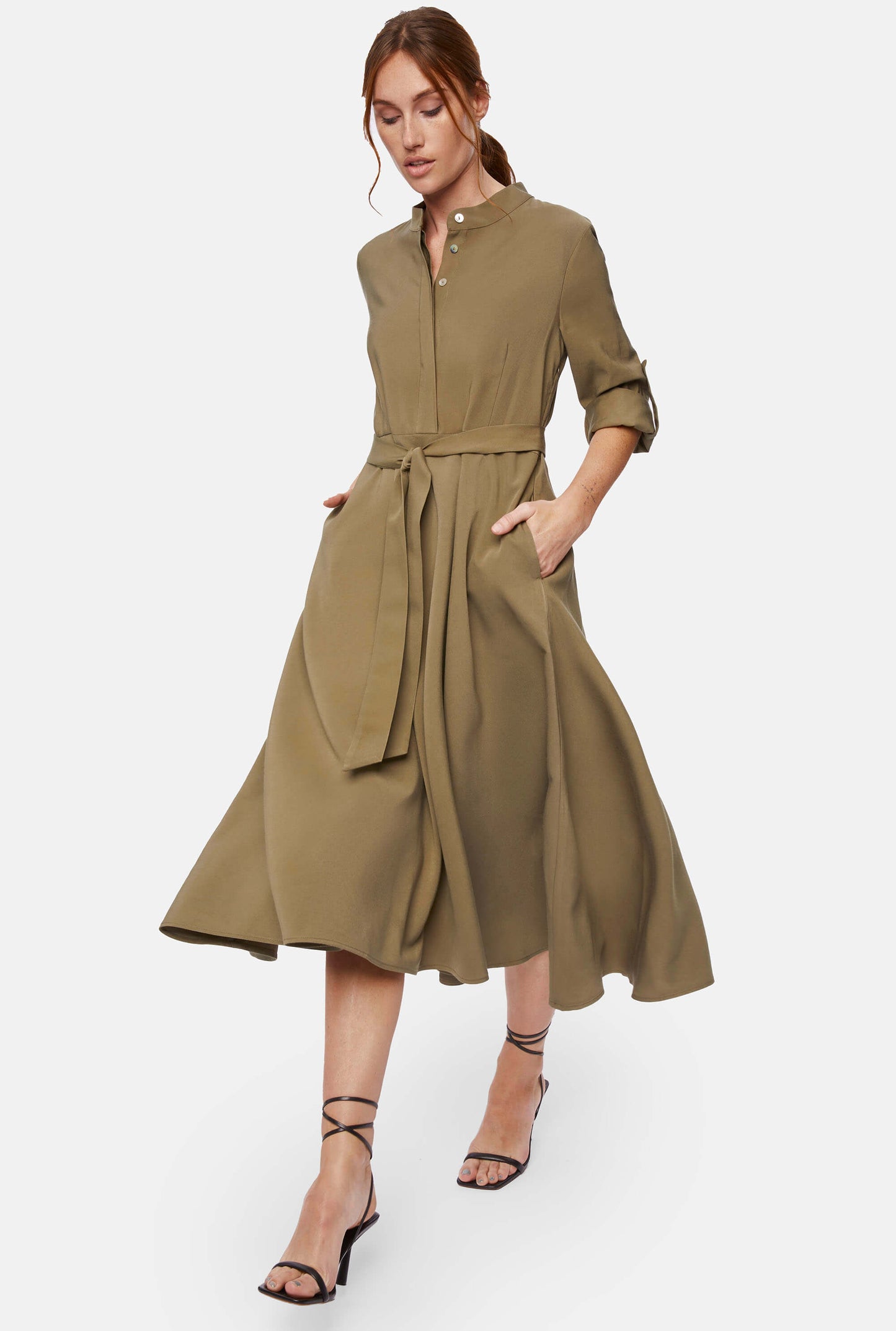 Roll Sleeve Midi Dress Military