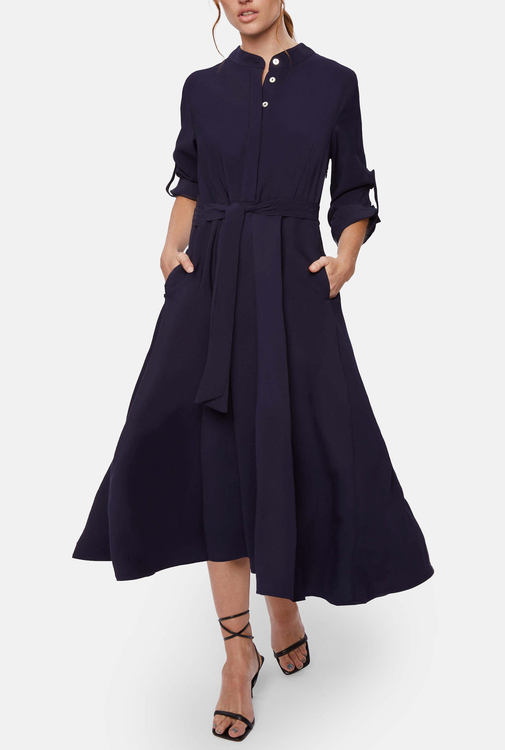 Roll Sleeve Midi Dress Navy | James Lakeland