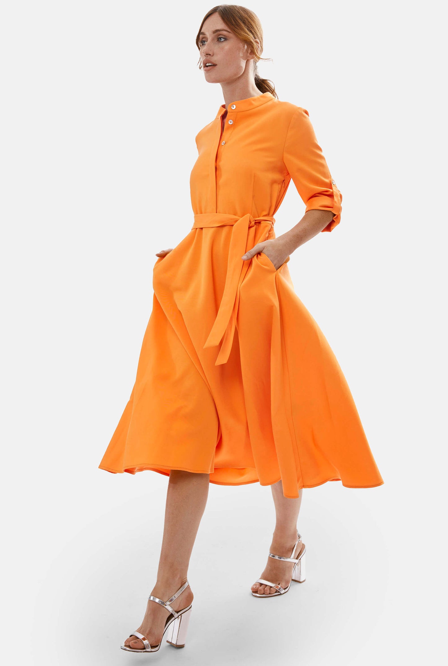 Roll Sleeve Midi Dress Orange