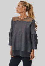 Rose Detail Sleeves Pleated Top In Charcoal