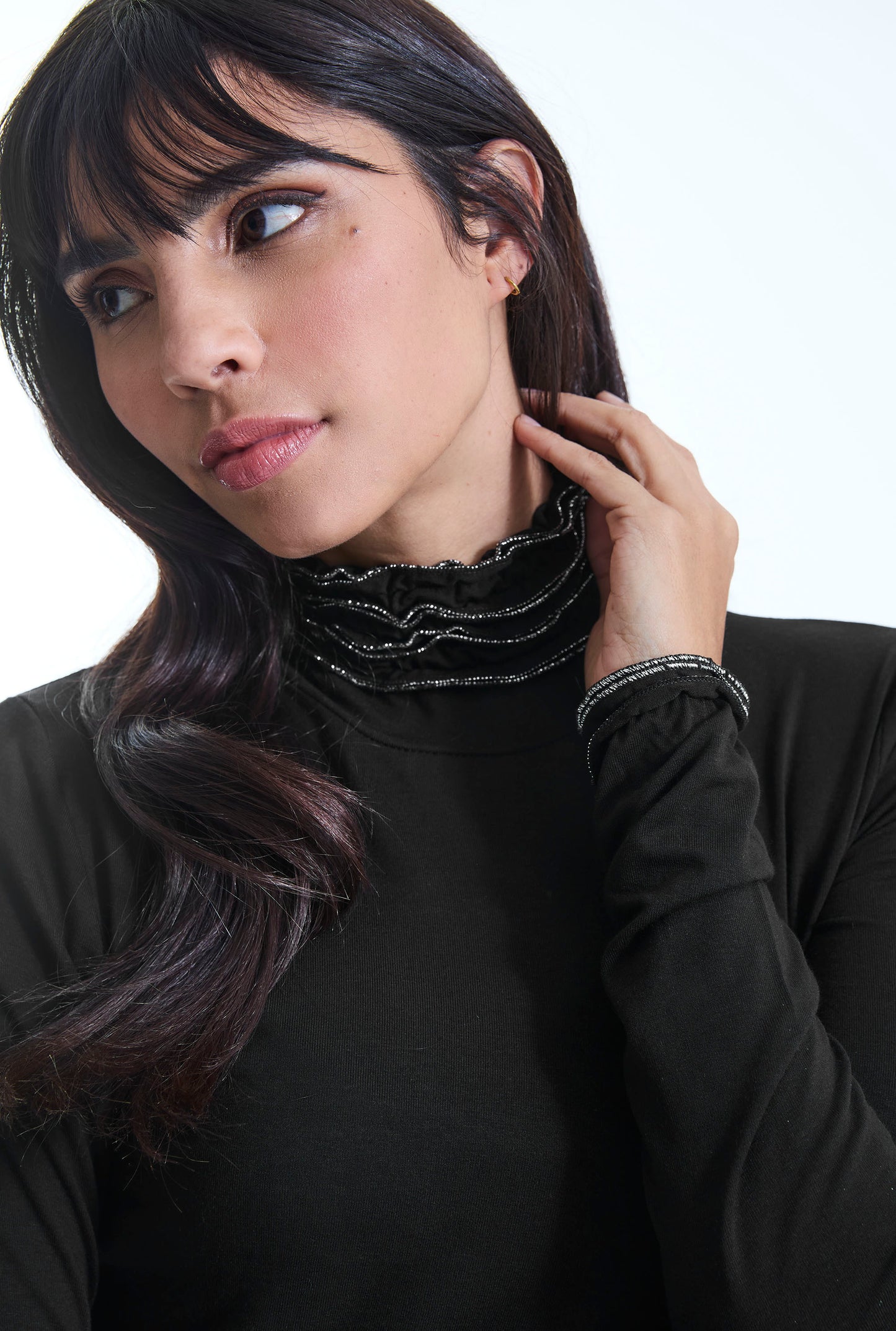 Ruffle Neck Black Top