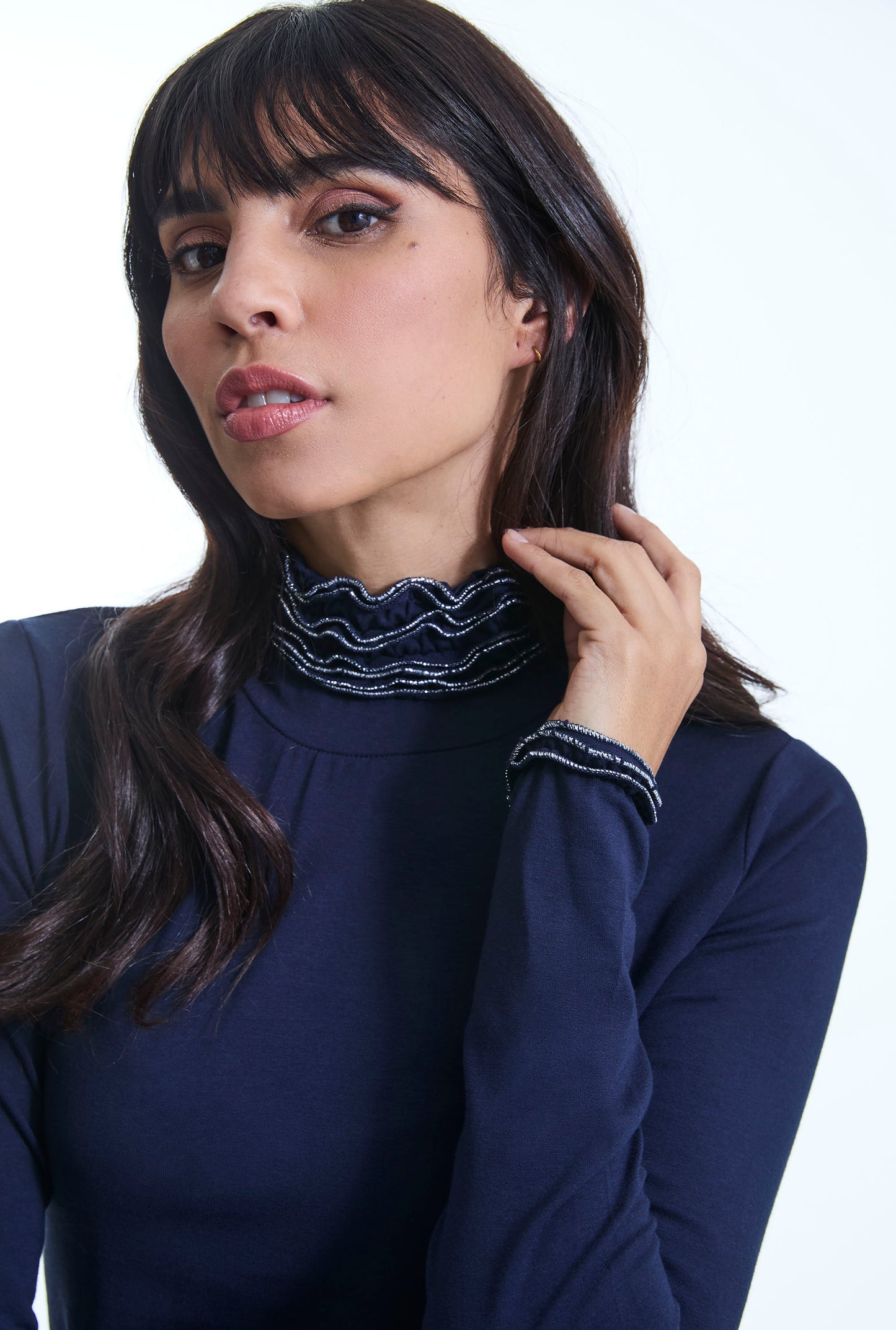 Ruffle Neck Navy Top