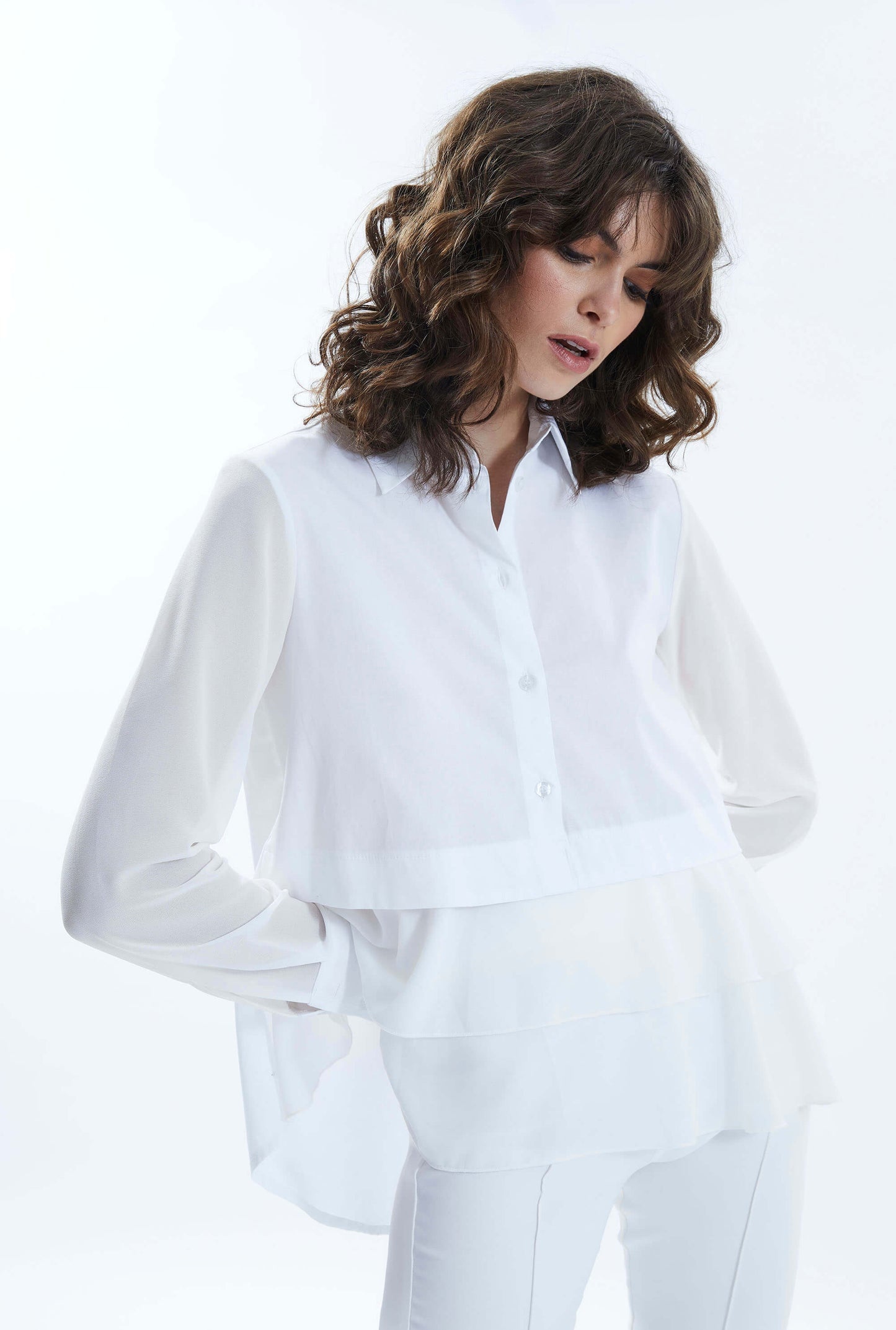 Sheer Sleeve Ruffle Shirt White