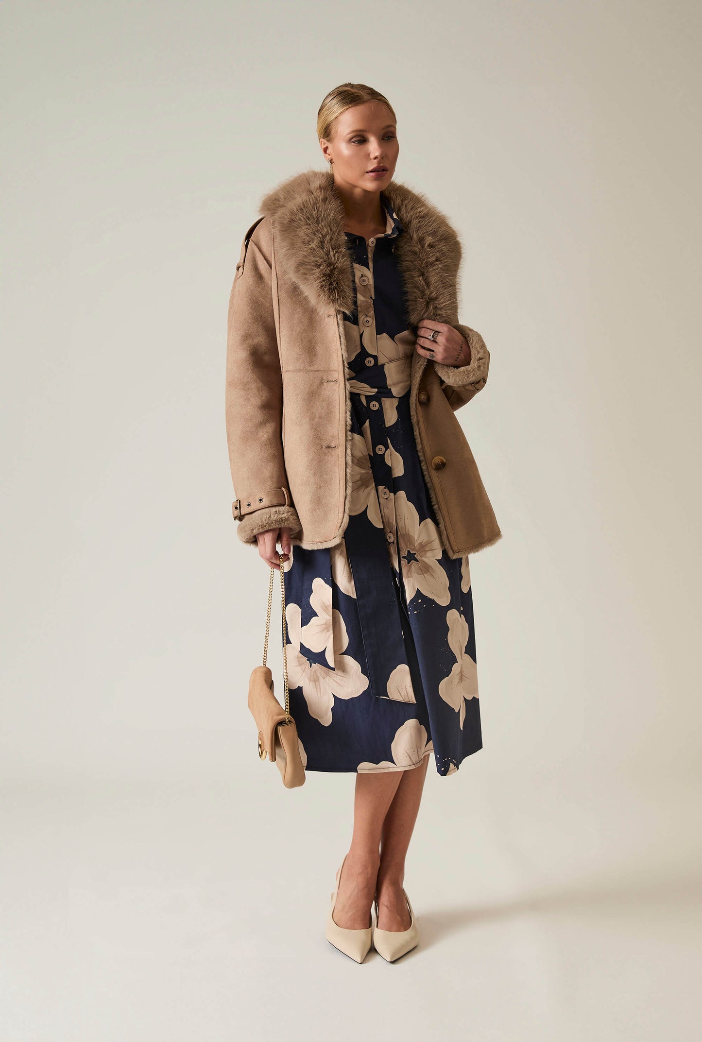 Short Faux Fur Taupe Coat