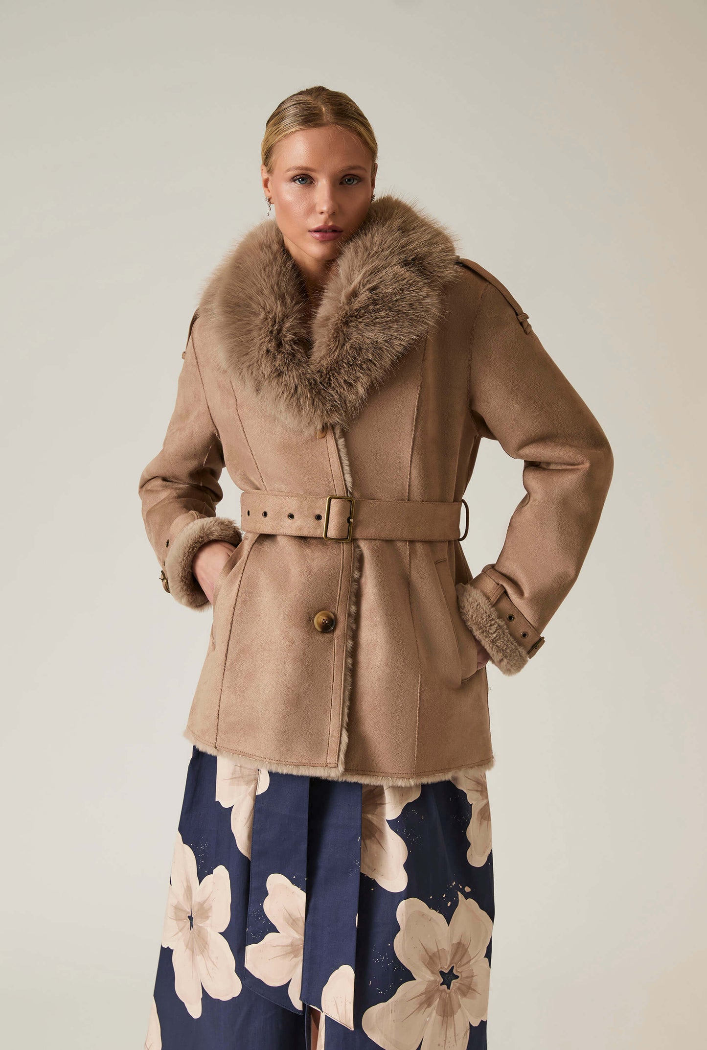 Short Faux Fur Taupe Coat