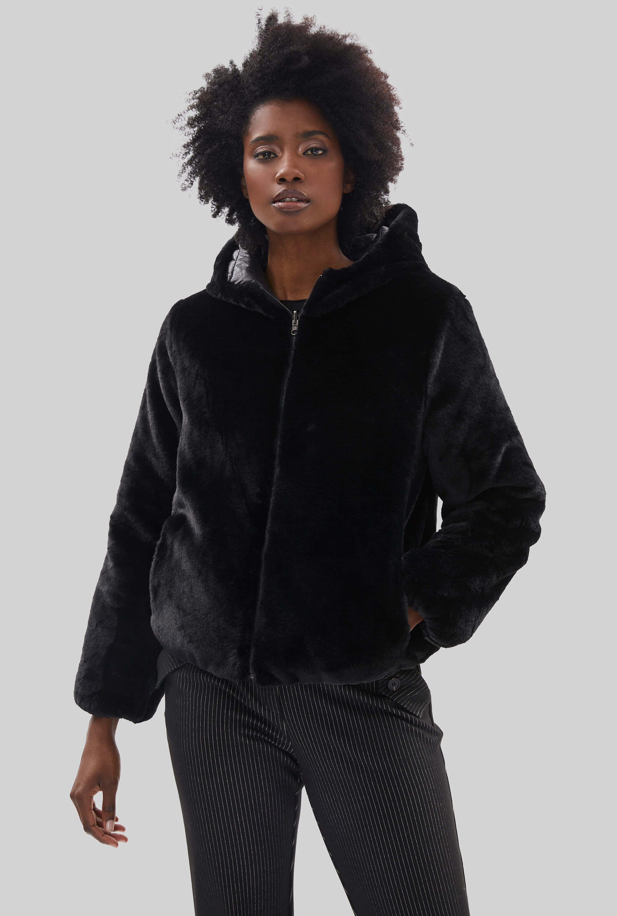 Chic Short Reversible Black Faux Fur Jacket for Women James Lakeland