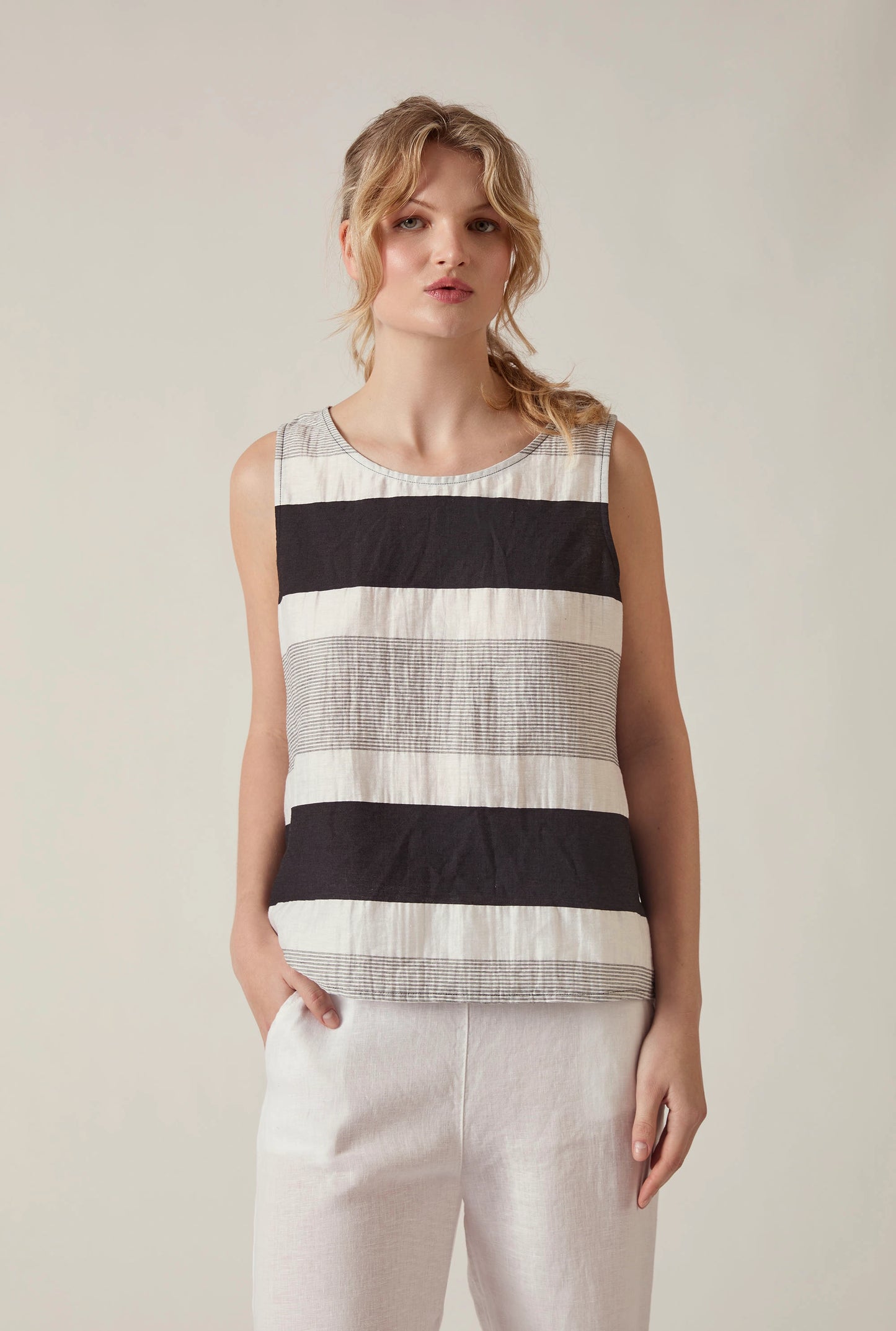 Striped Linen Blend Sleeveless Button-Back Top