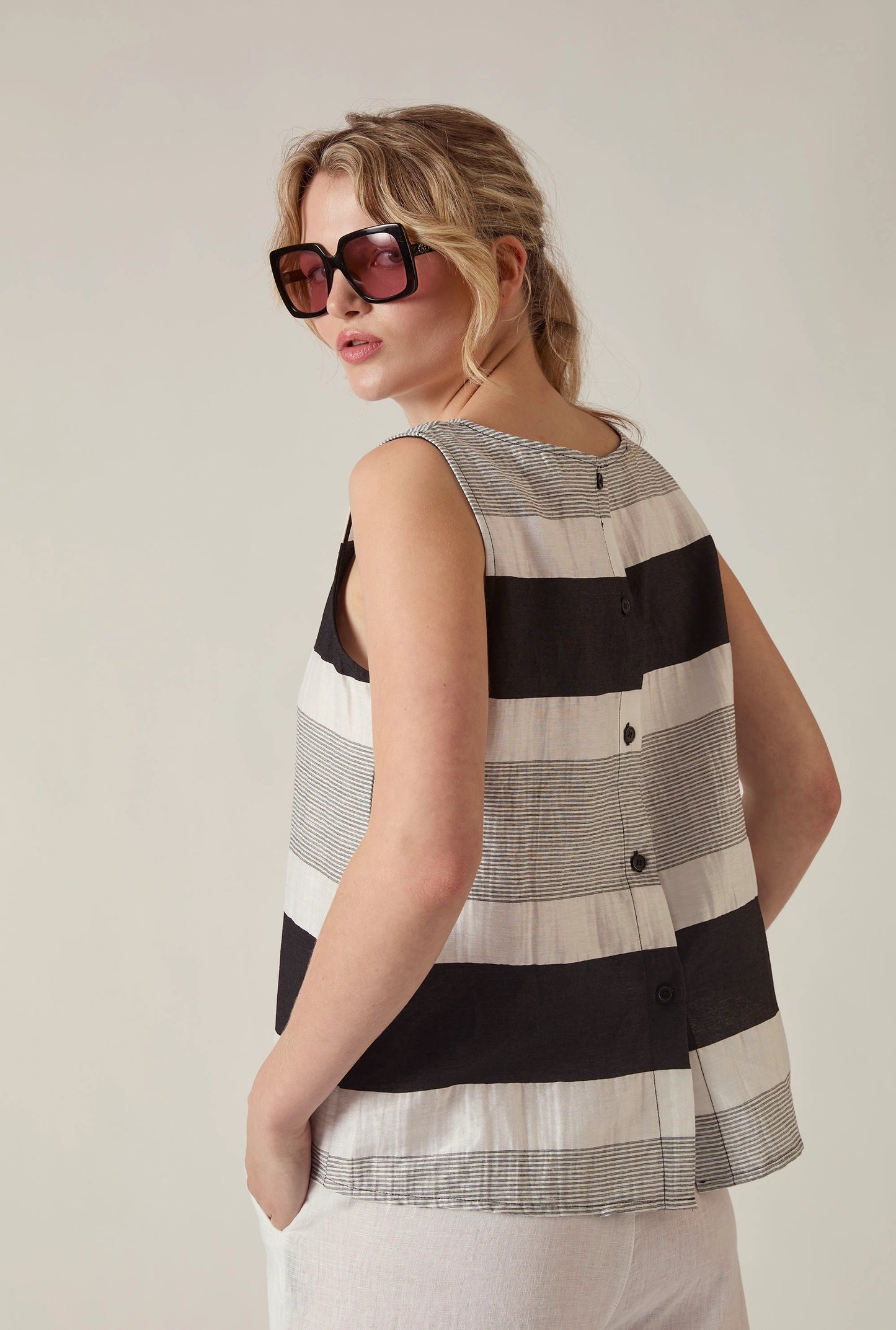 Striped Linen Blend Sleeveless Button-Back Top