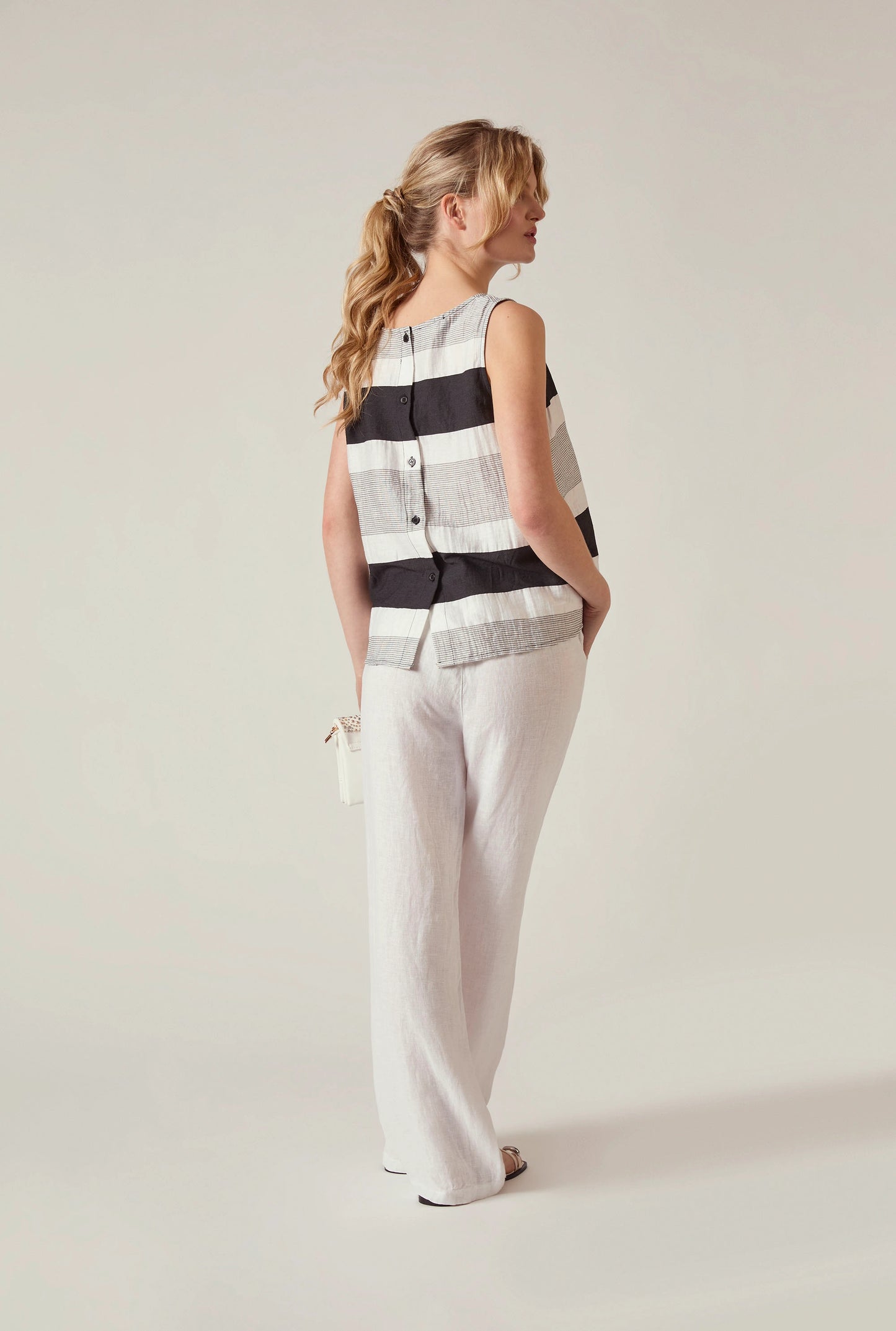 Striped Linen Blend Sleeveless Button-Back Top
