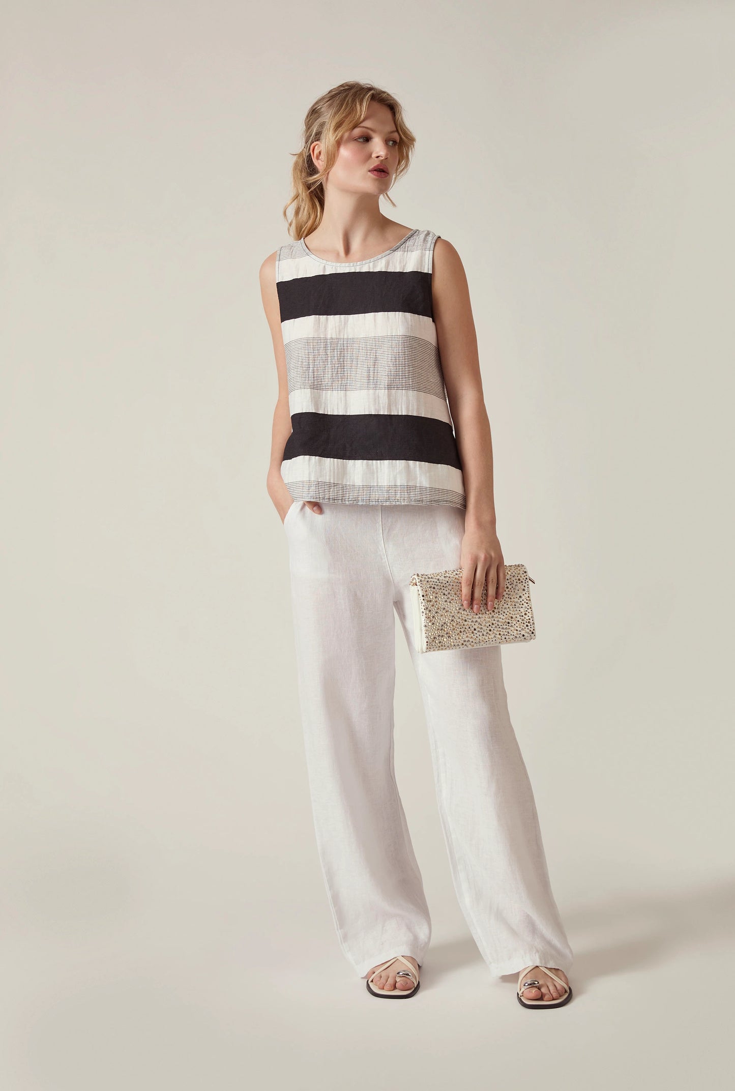 Striped Linen Blend Sleeveless Button-Back Top