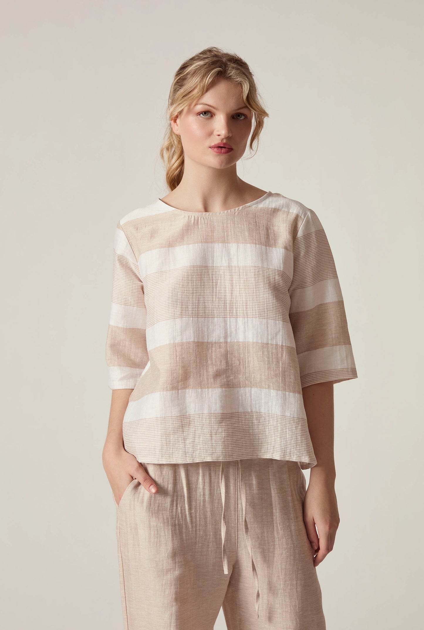 Striped Linen Blend Button-Back Top