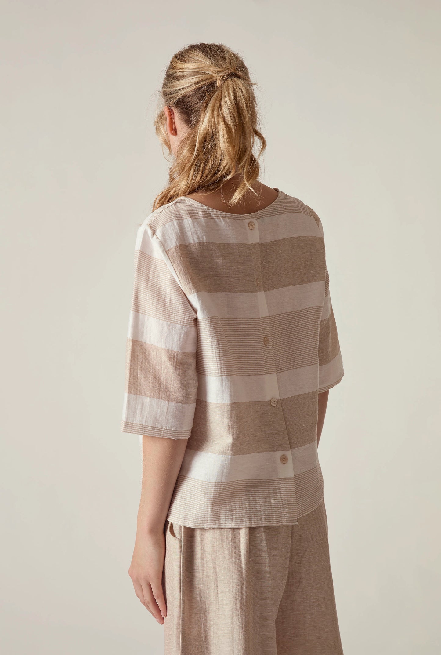 Striped Linen Blend Button-Back Top